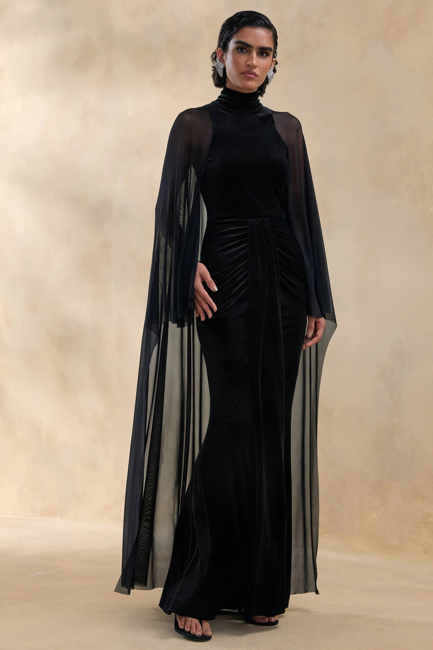 Adoring Black Velvet High-Neck Maxi Dress With Cape