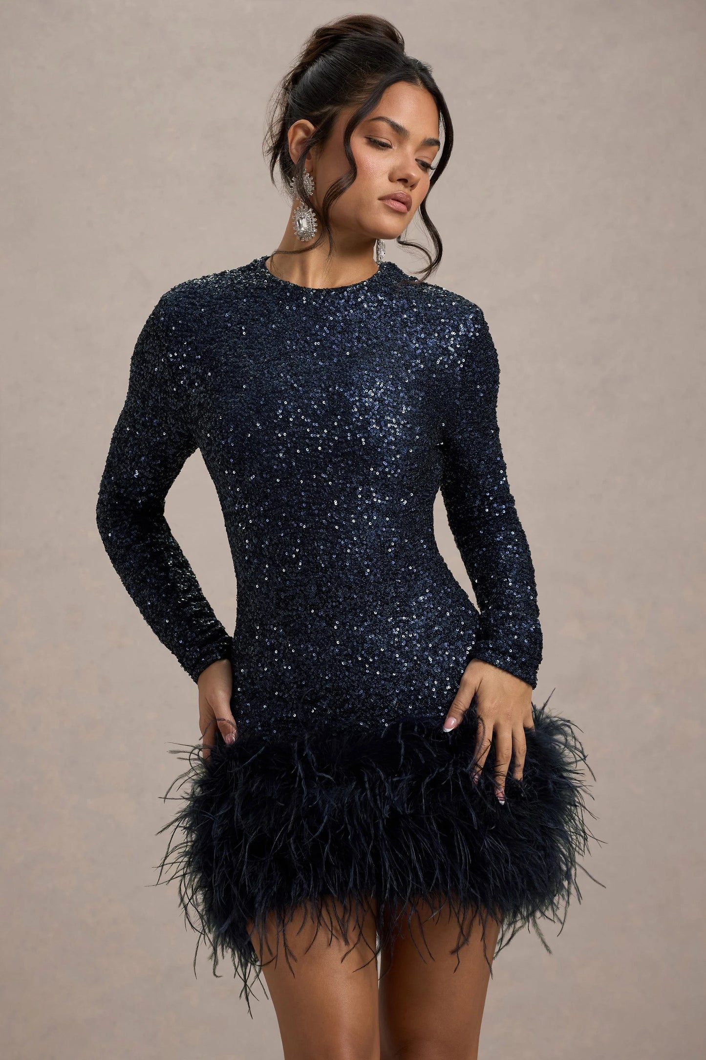 Claudia Navy Sequin High Neck Feather Hem Mini Dress With Long Sleeves