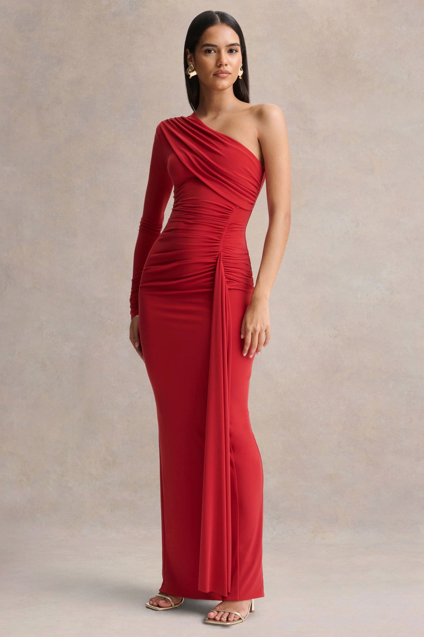 Anne Red Asymmetric-Neck Wrapped Maxi Dress With Sash