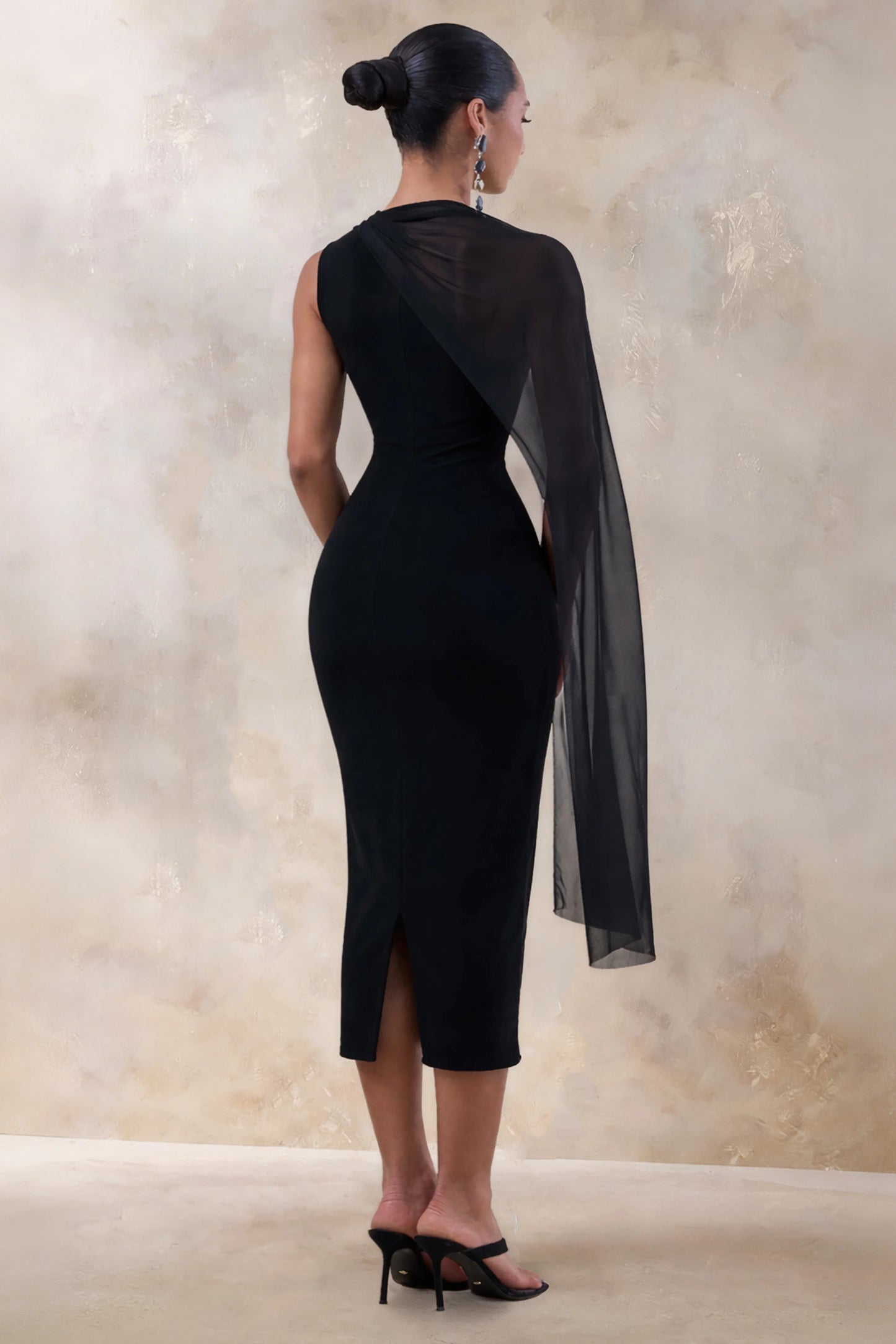 Caloria Black Asymmetric-Neck Midi Dress With Mesh-Cape