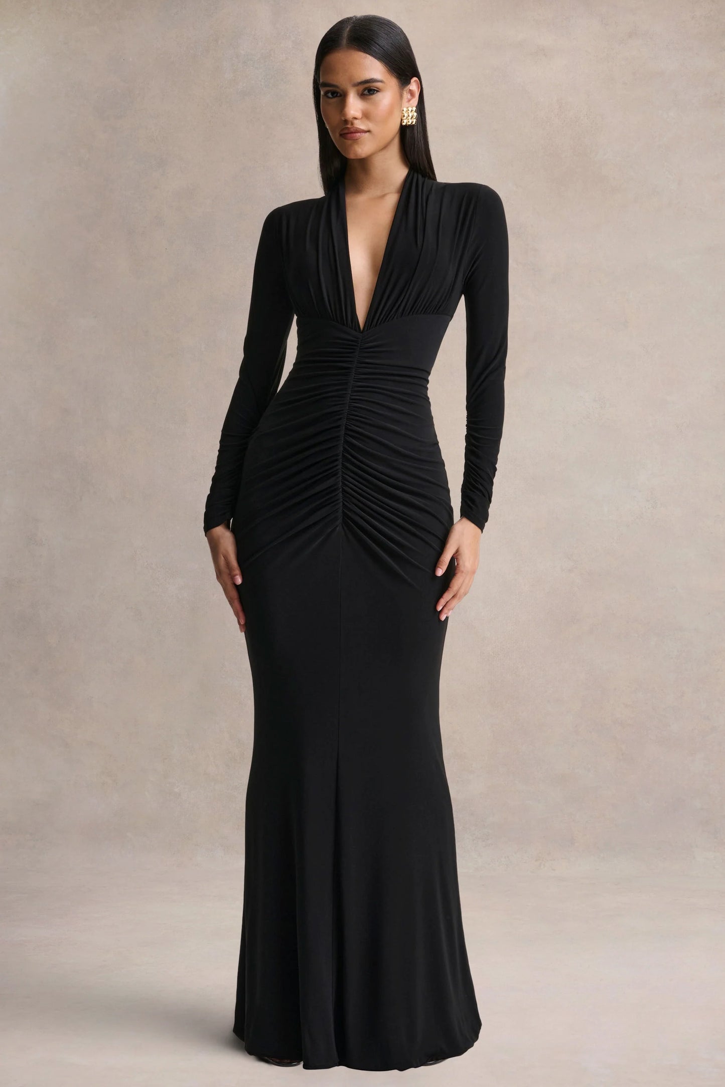 Tami Black Plunge-Neck Long Sleeve Maxi Dress