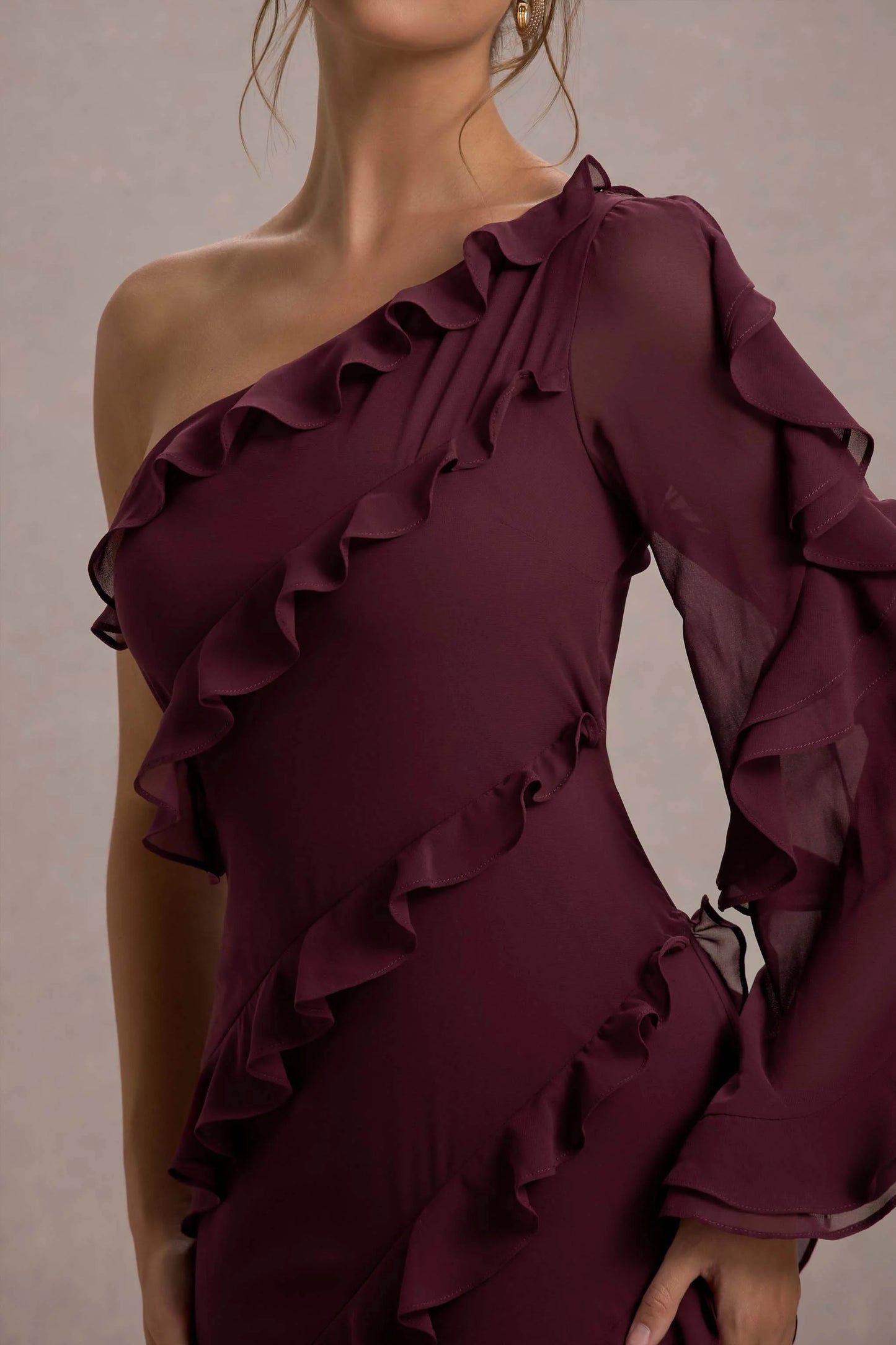 Lalika Burgundy Asymmetric One-Sleeve Ruffle Maxi Dress