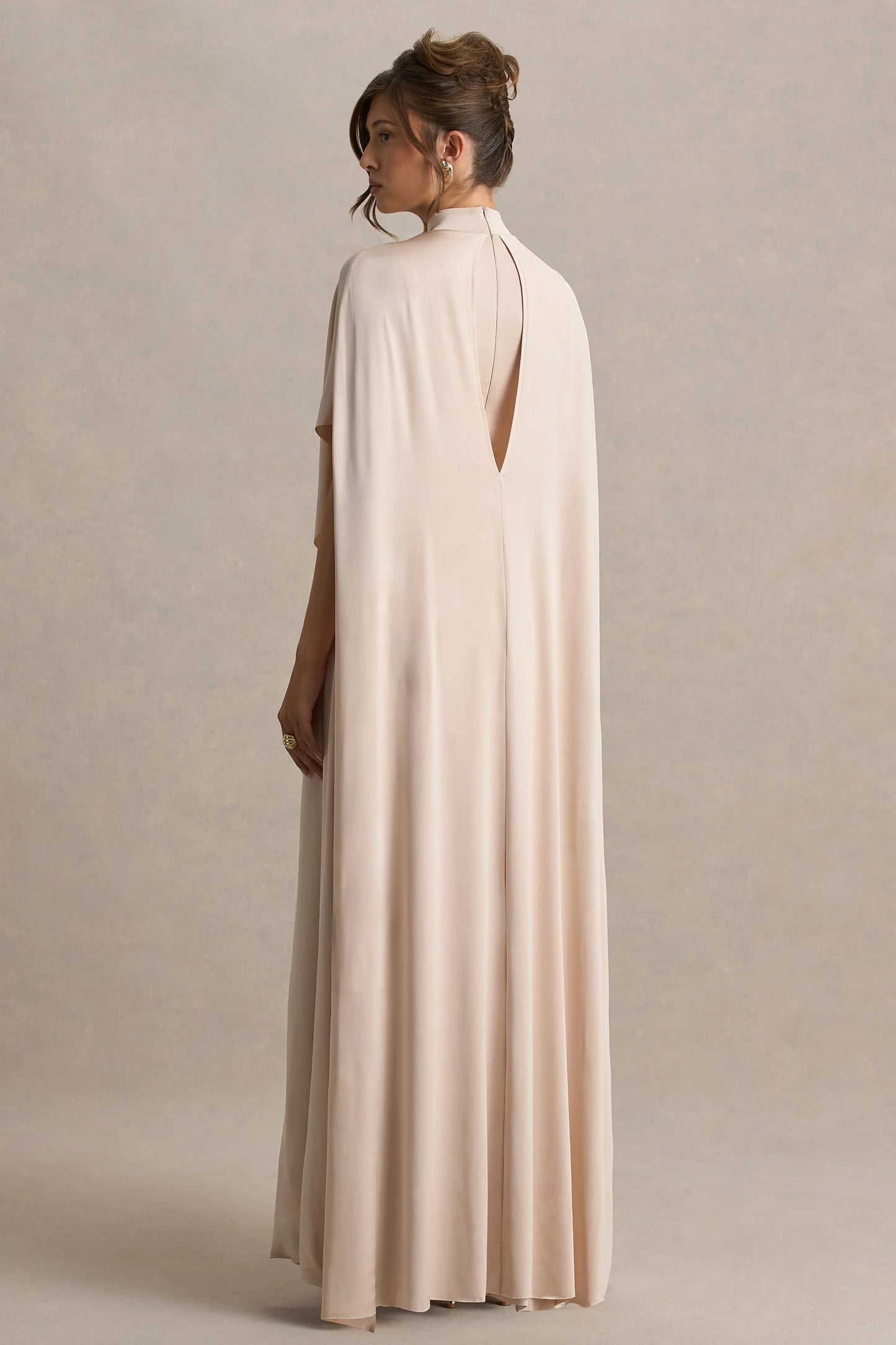 Olessia Champagne Belted Gathered Cape-Sleeve Maxi Dress