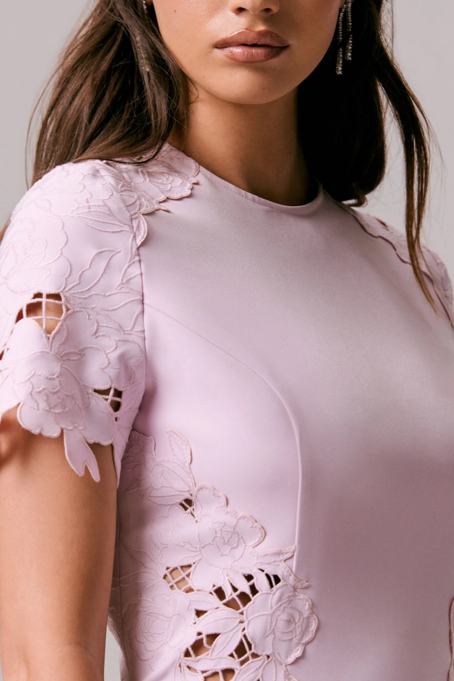 So Sweet Pink Crew-Neck Midi Dress With Cut-Out Embroidered Detailing