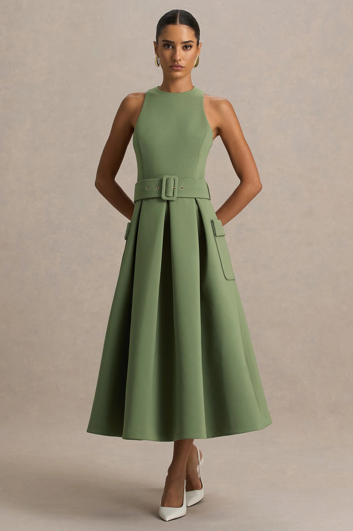 Elisia Olive Crew-Neck Belted Midi Dress