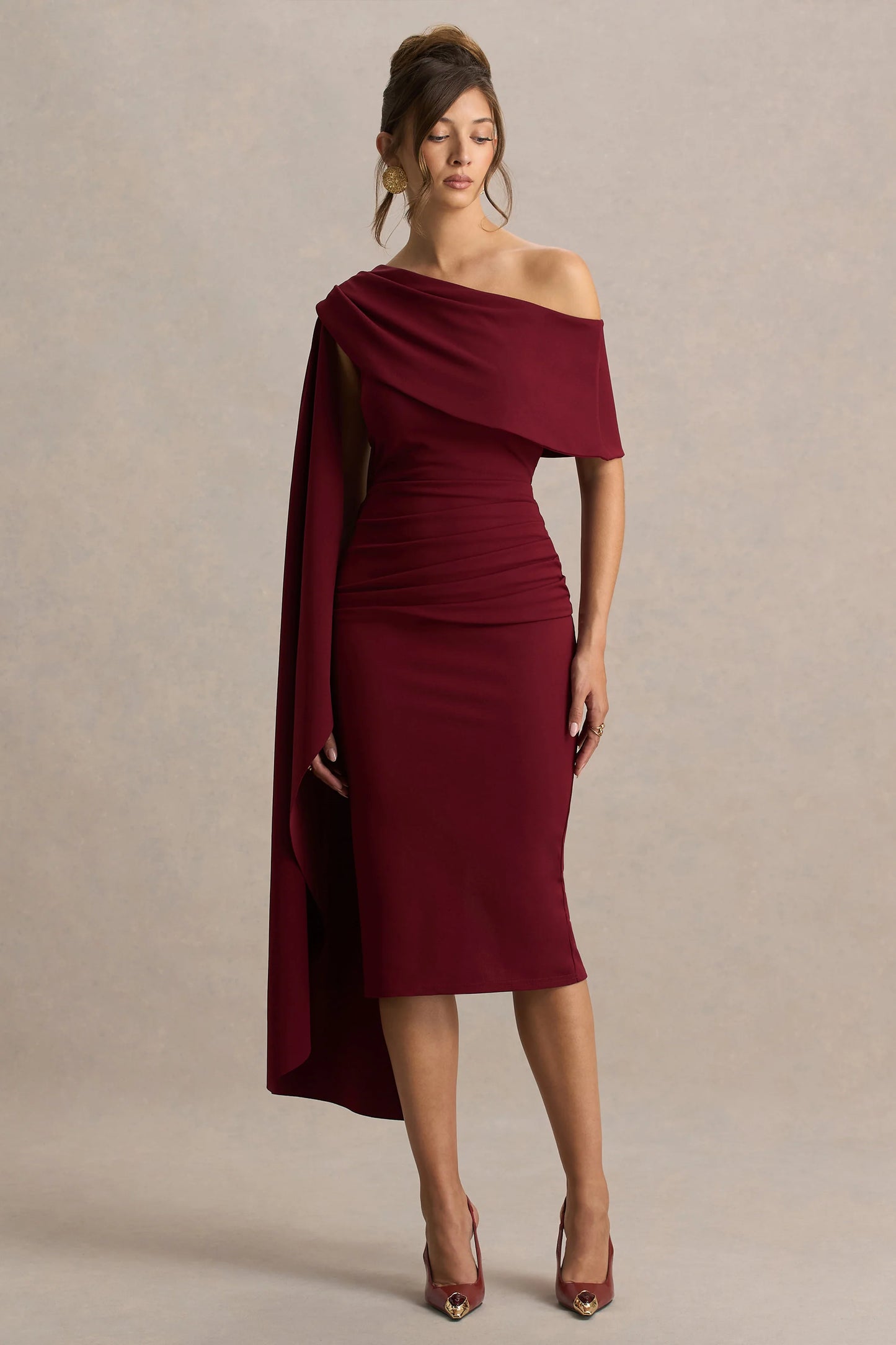 Leah Burgundy Asymmetric-Neck Midi Dress With Cape-Sleeve