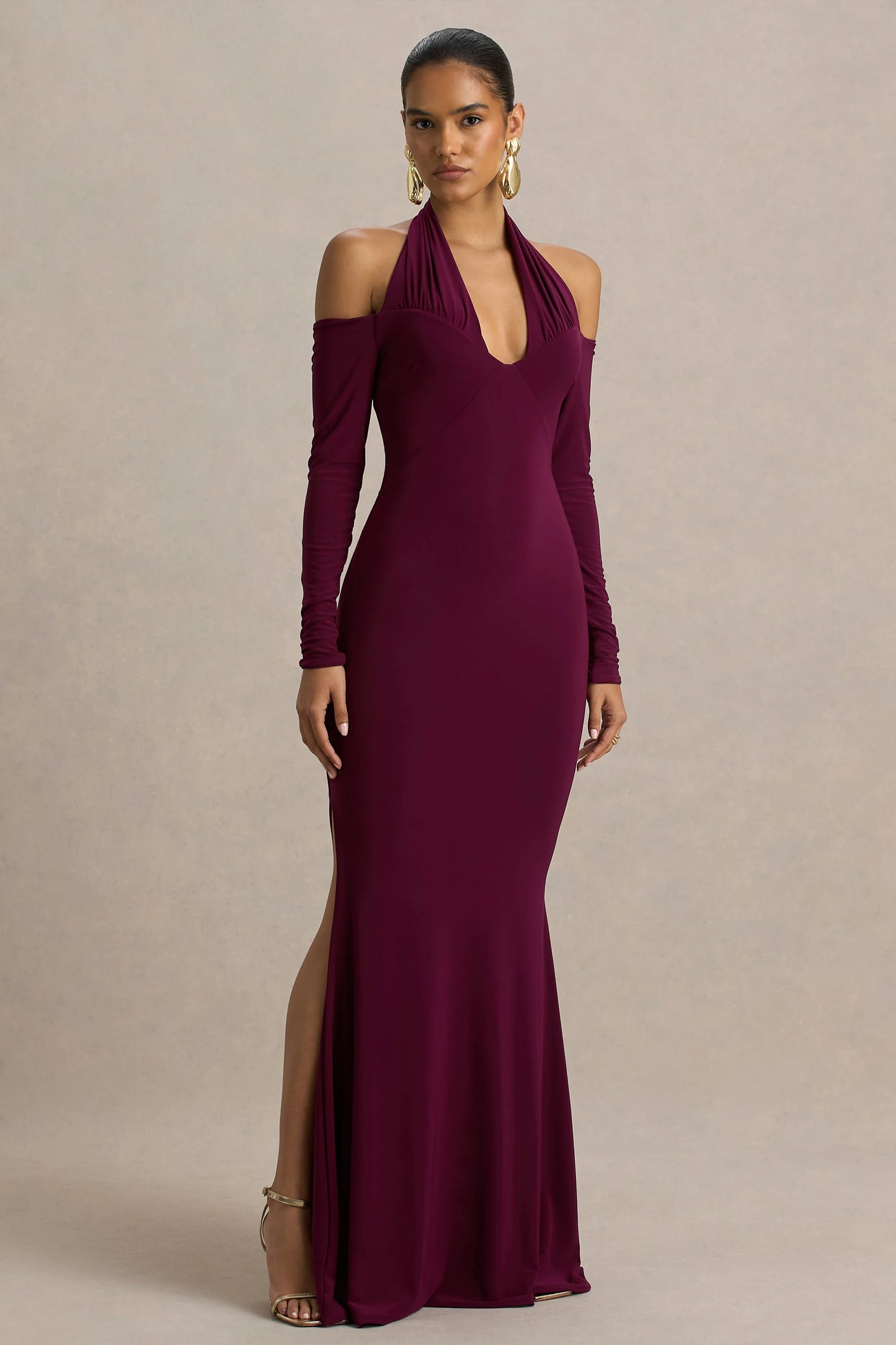 Living High Burgundy Halter-Neck Maxi Dress With Long Sleeves