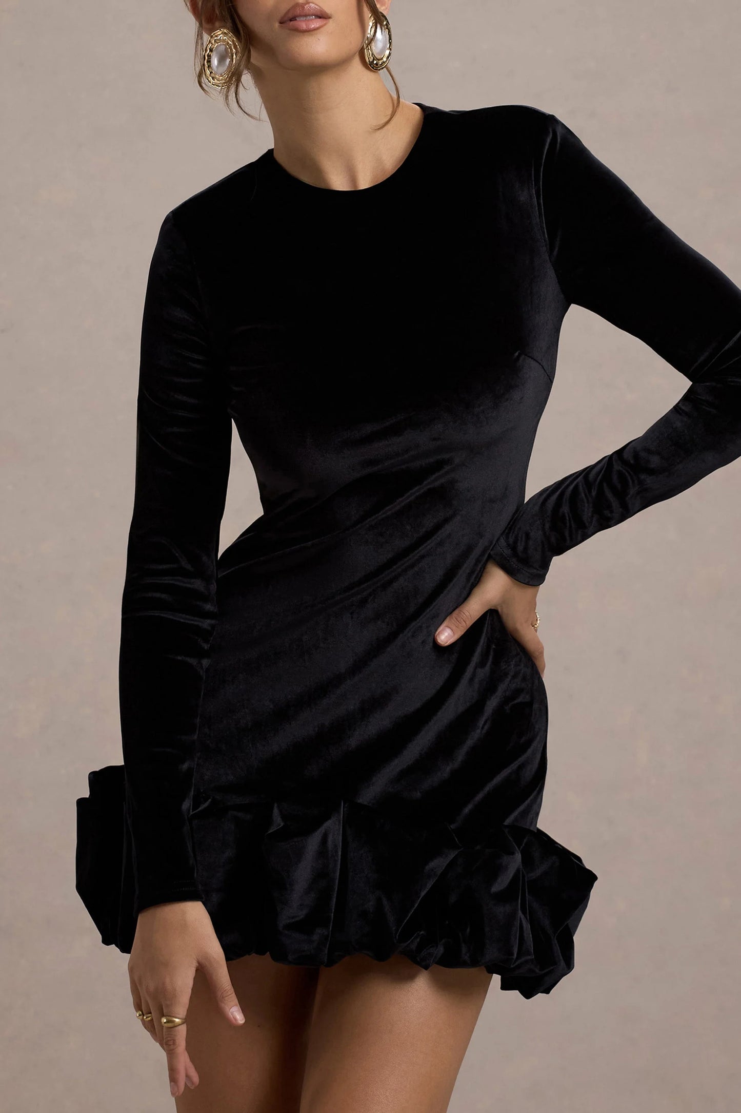 Claudine Black Velvet Long-Sleeved Ruffled Mini Dress