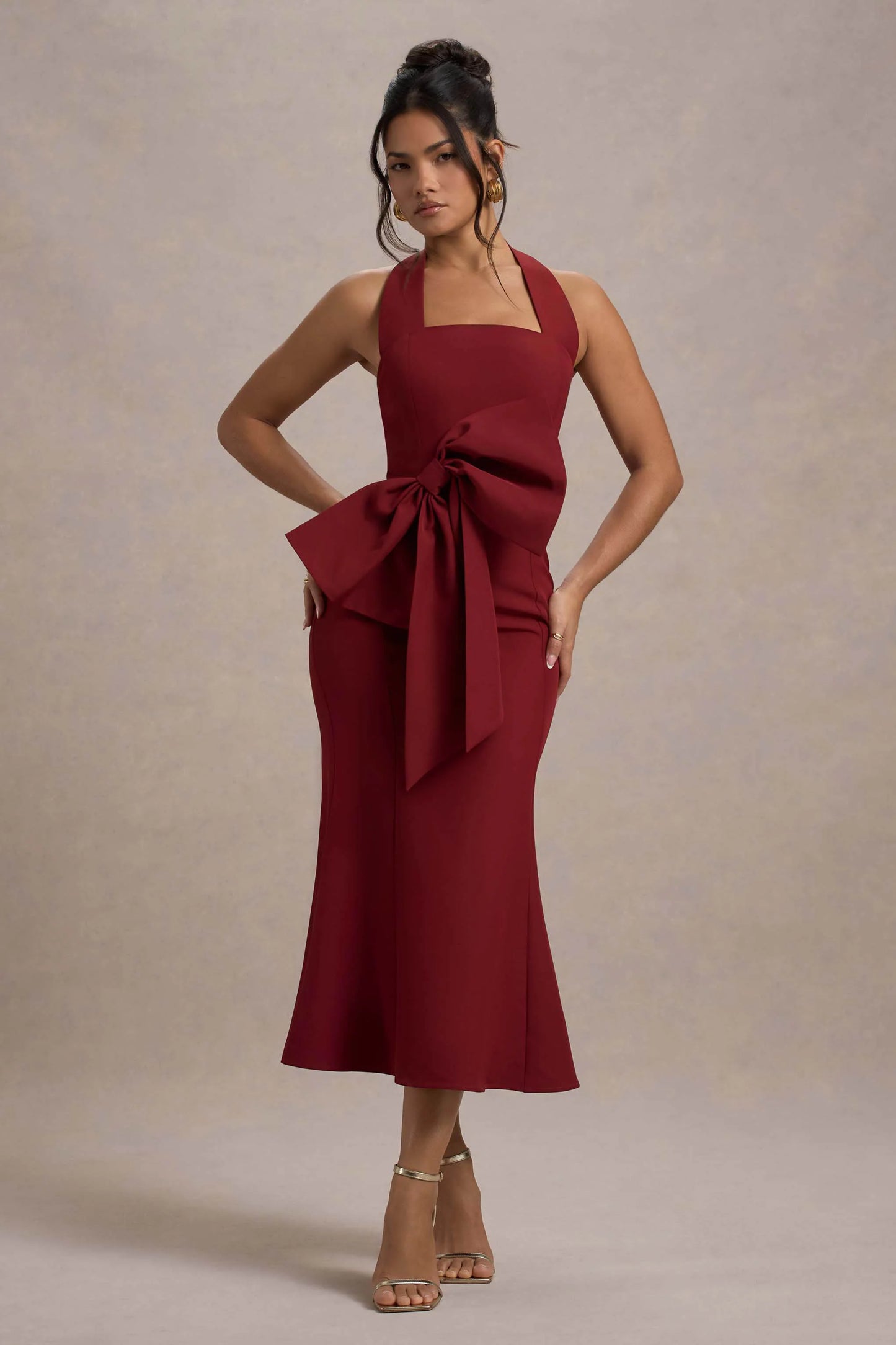 Aman Berry Halter-Neck Midi Dress With Oversized Bow