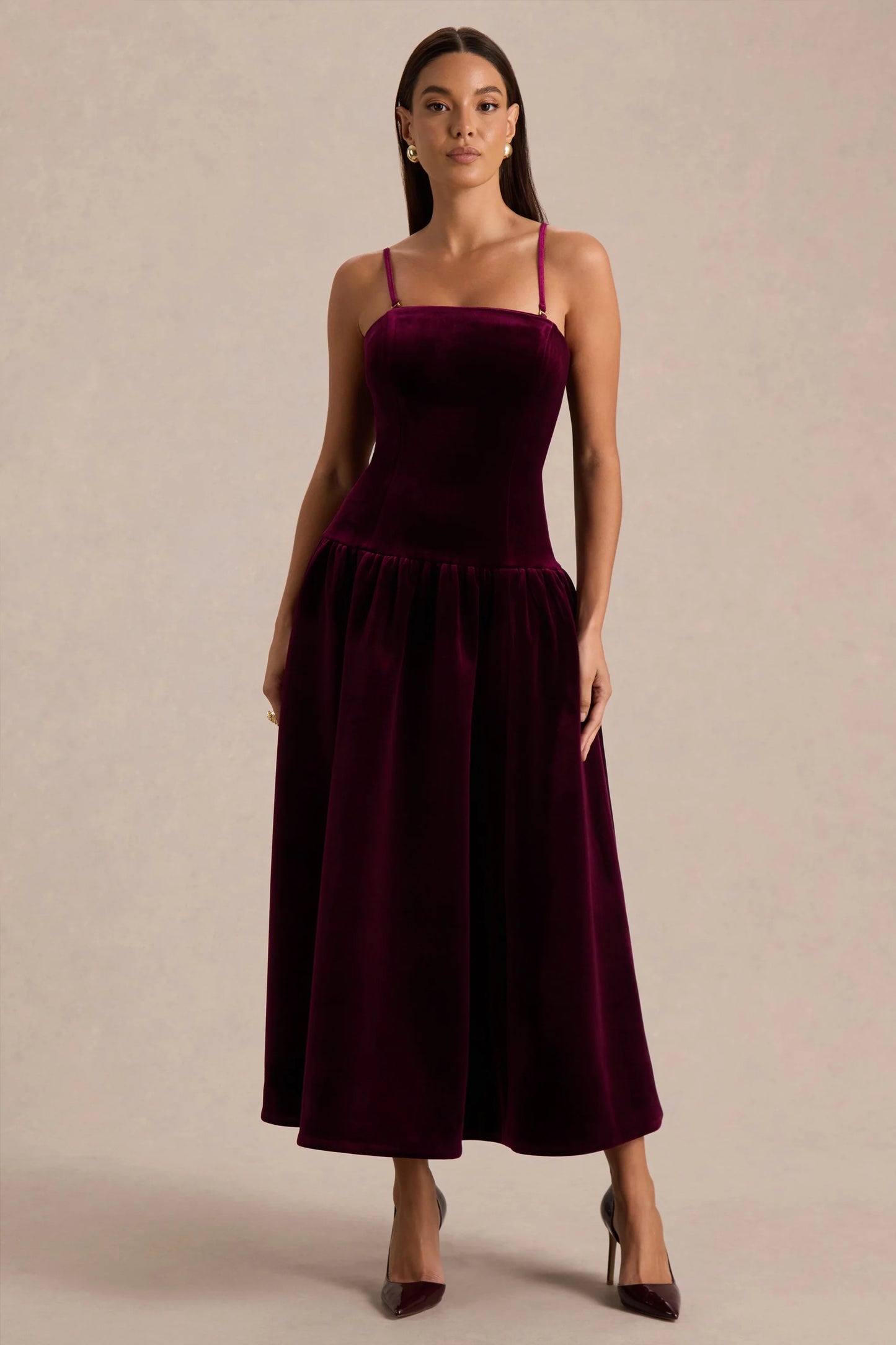 Violetta Burgundy Velvet Bandeau Midi Dress With Drop-Waist And Gathered Skirt