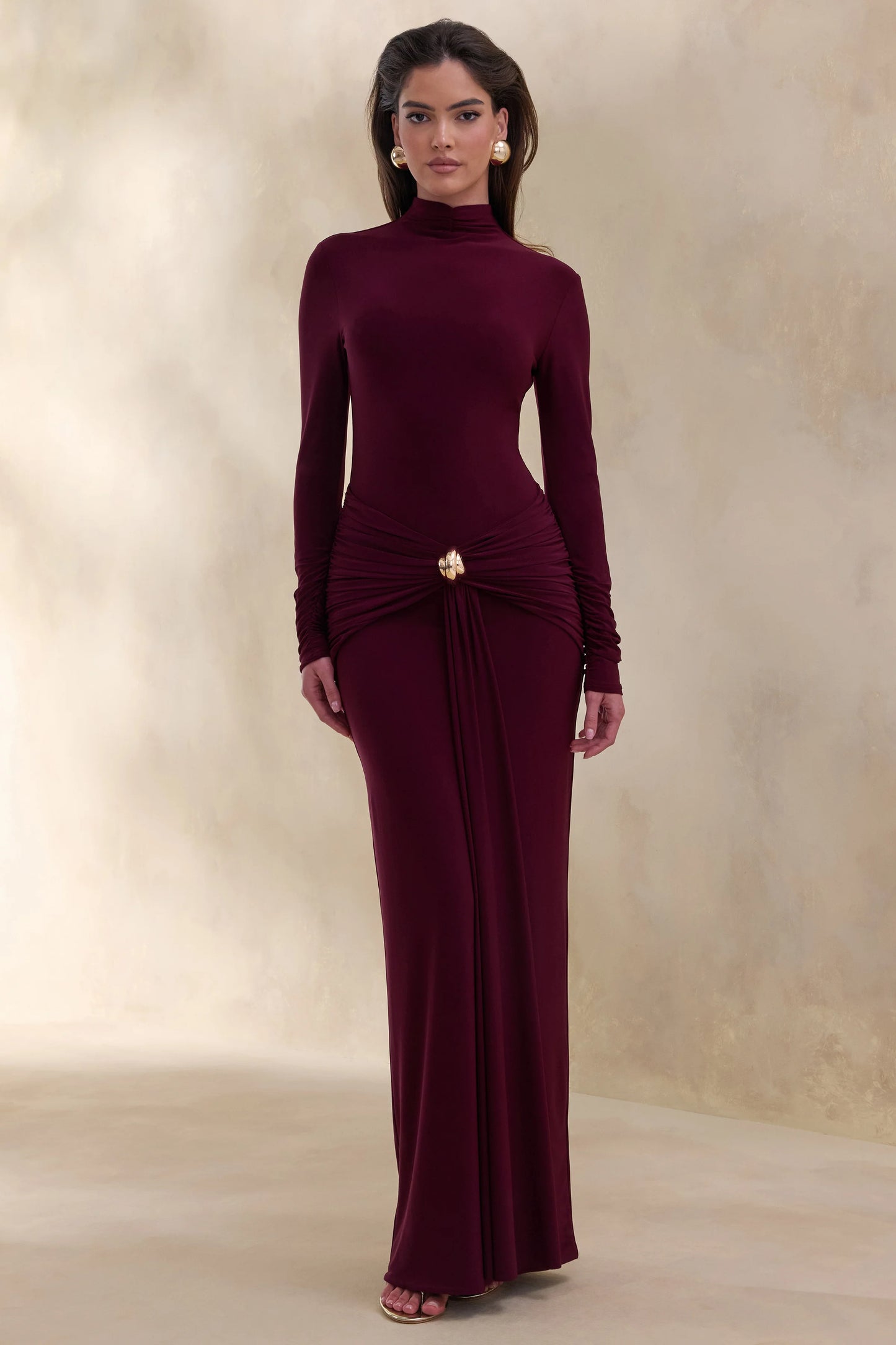 Ambrette Dark Plum High-Neck Maxi Dress With Gathered-Detailing