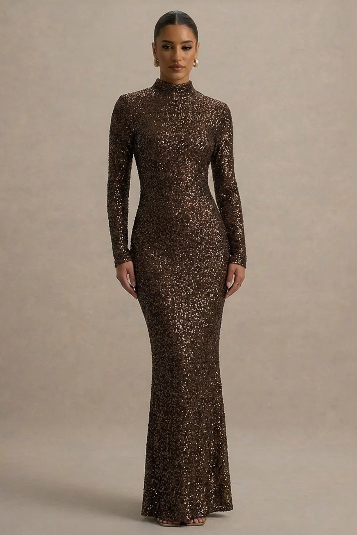 Galaxy Brown Sequin Turtle-Neck Long-Sleeve Maxi Dress