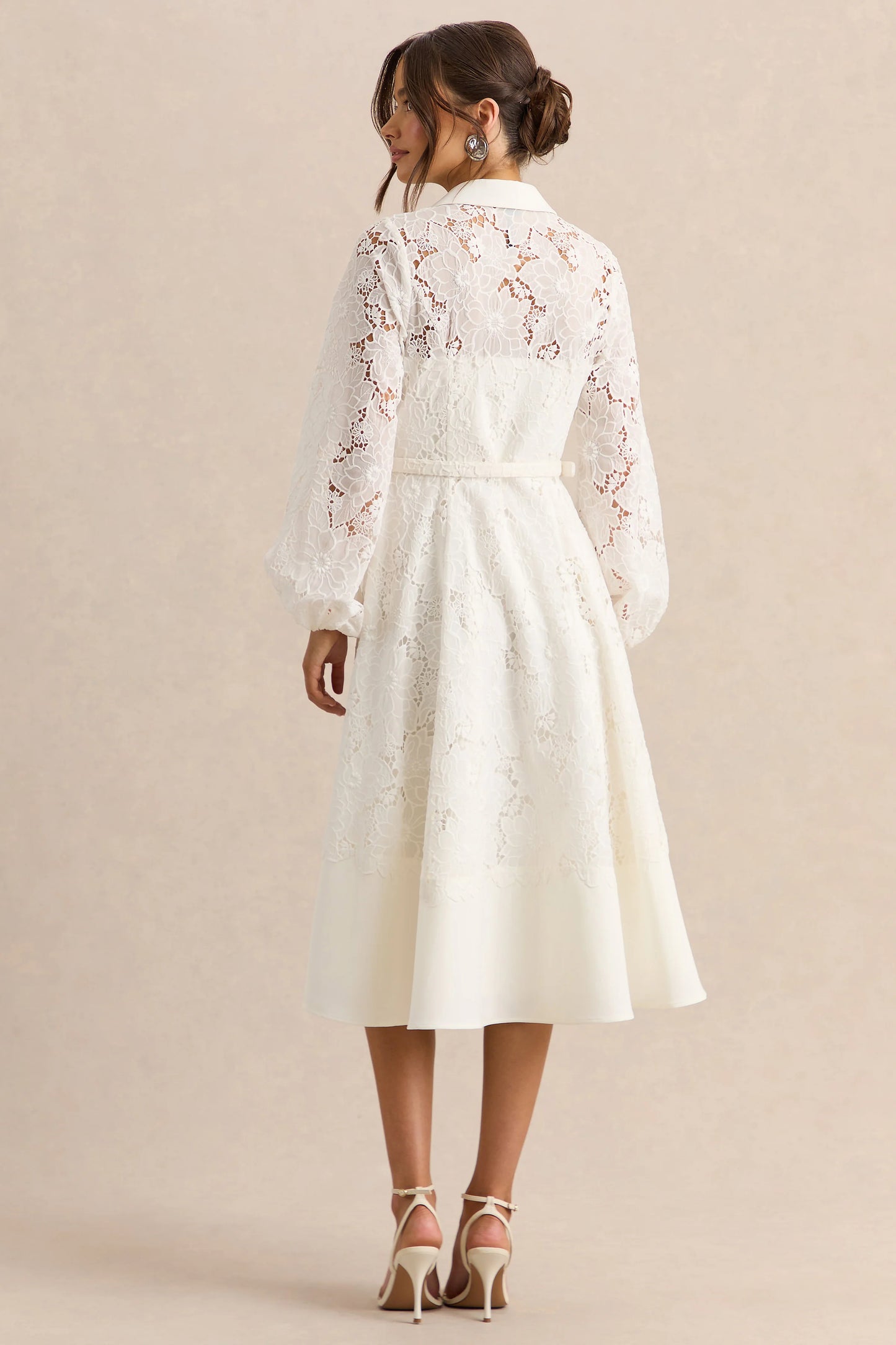 Jules Cream Broderie High-Neck Tailored Midi Dress With Puff-Sleeves