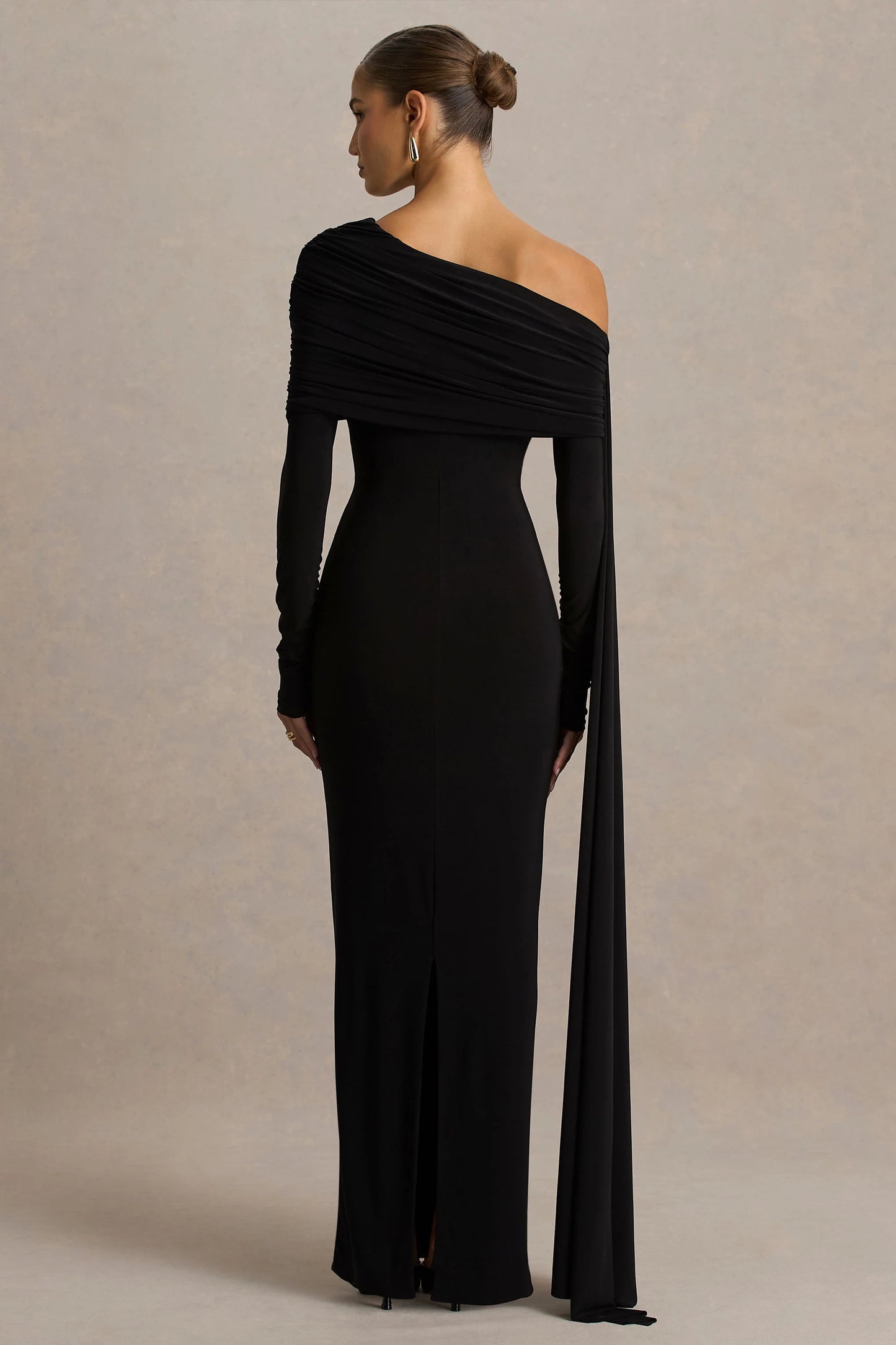 Octavia Black Bardot-Neck Maxi Dress With Cape And Ruched Detailing
