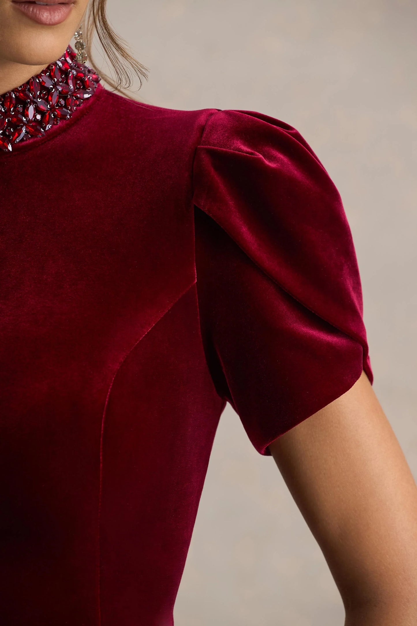 Margot Burgundy High-Neck Velvet Mini Dress With Embellished Detail