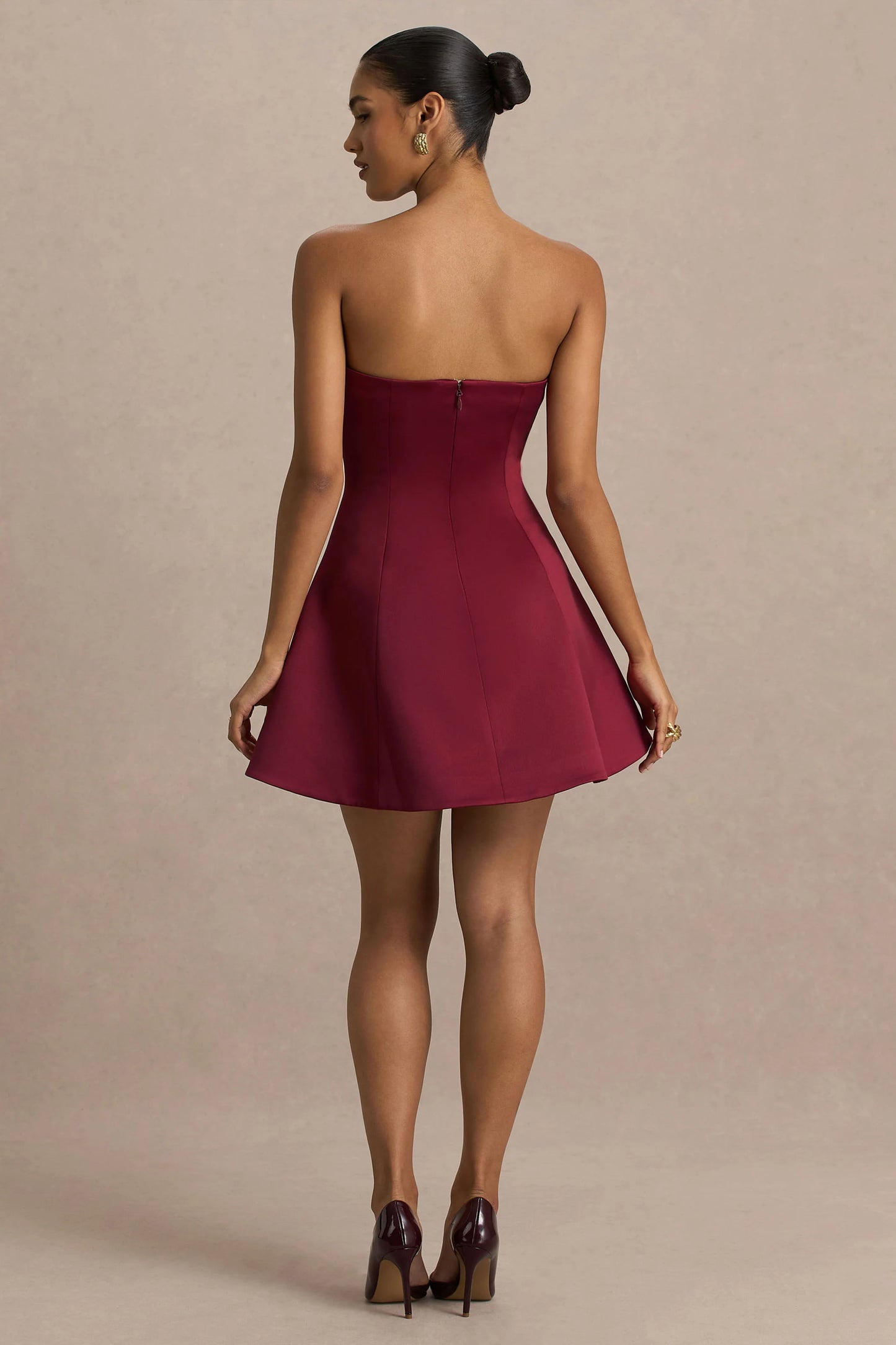 Lioray Burgundy Satin Bandeau-Neck A-Line Mini Dress