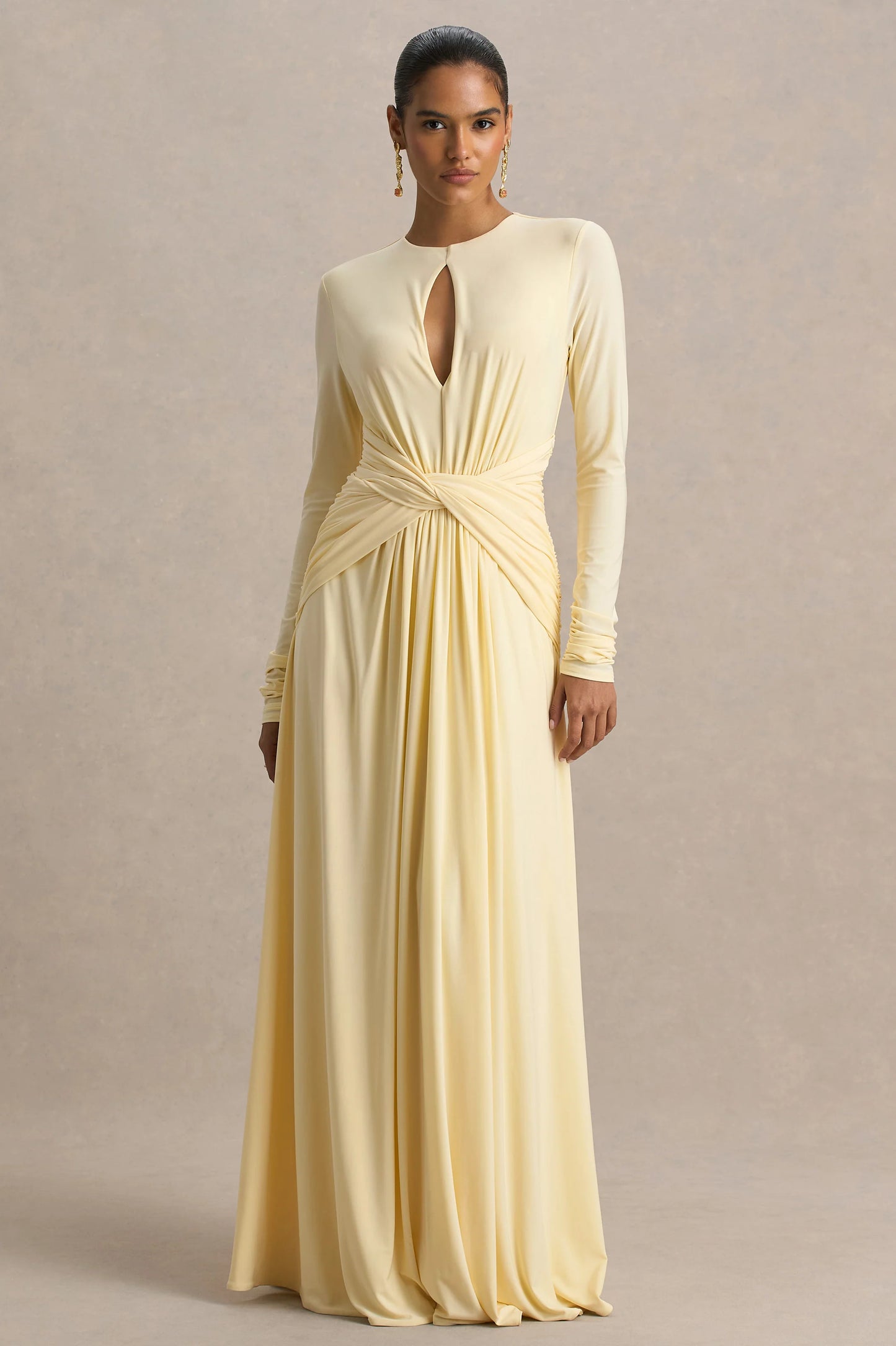 With Me Lemon High-Neck Maxi Dress With Ruched Detailing
