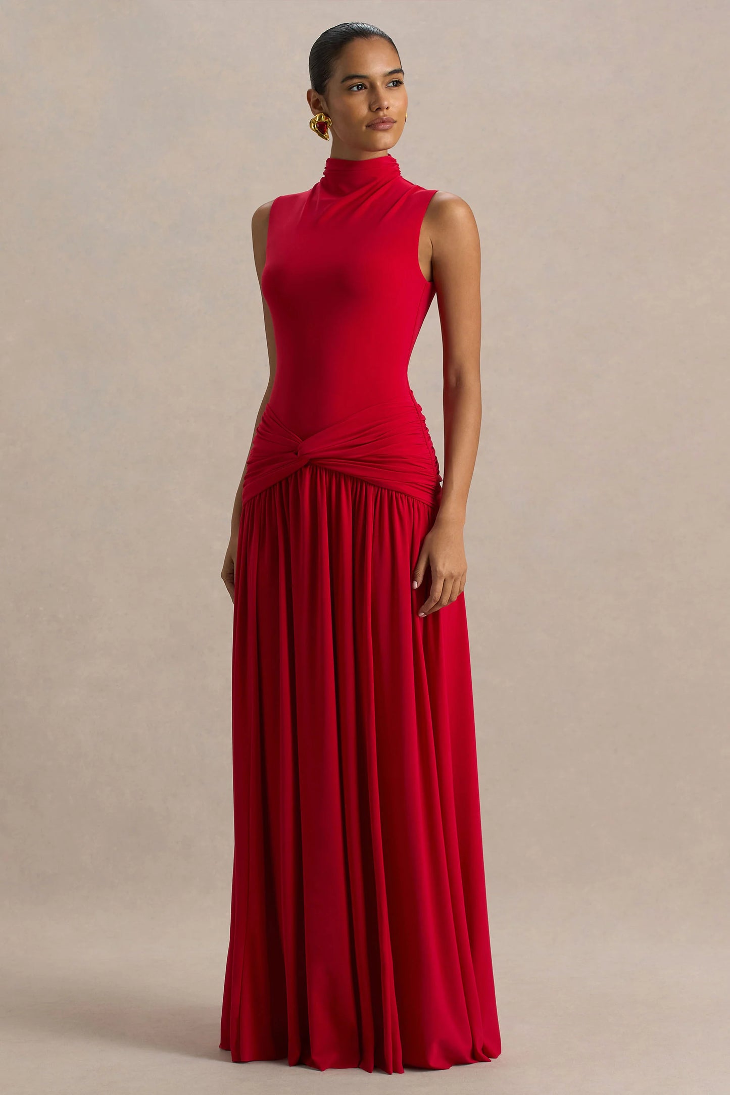 Cascade Red High-Neck Maxi Dress With Twist Detail