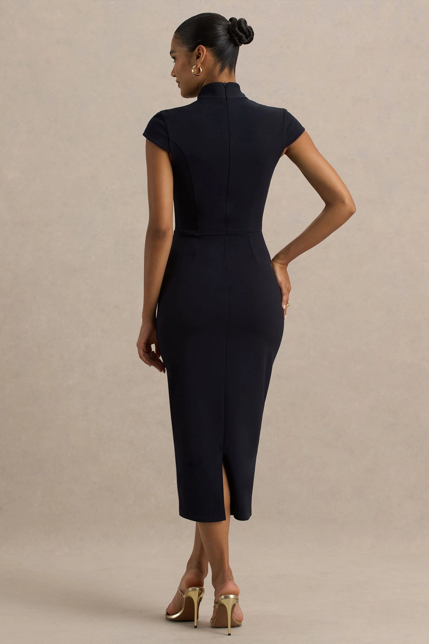 Elsie Navy Cut-Out Neck Midi Dress With Short Sleeves