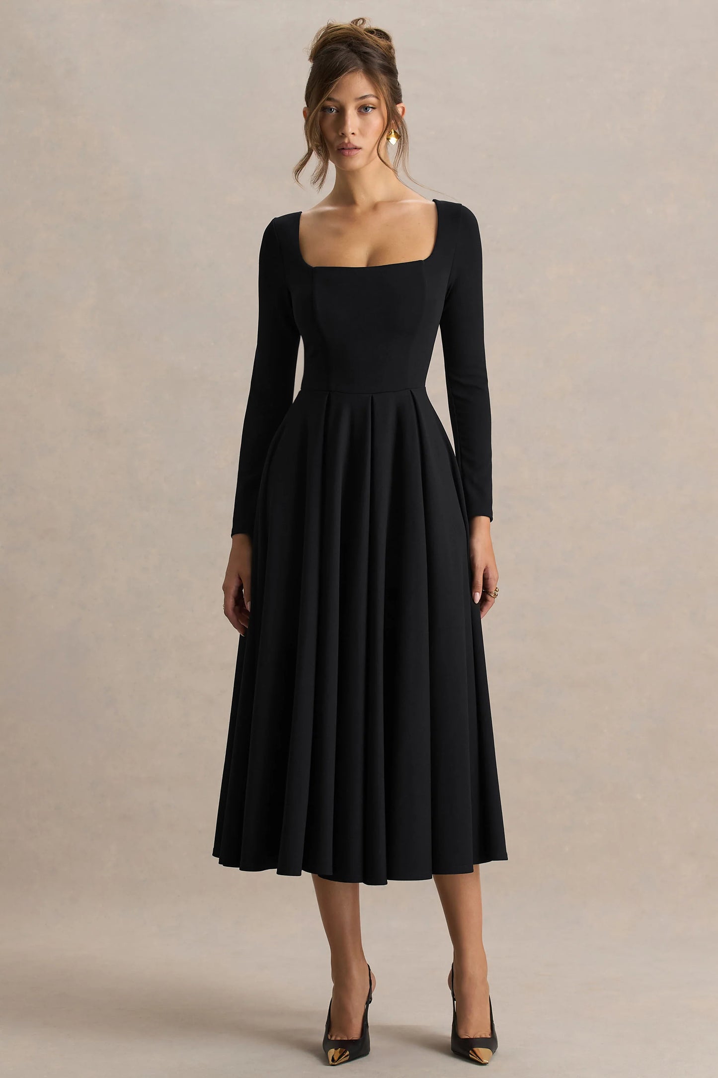 Alison Black Square-Neck A-Line Midi Dress