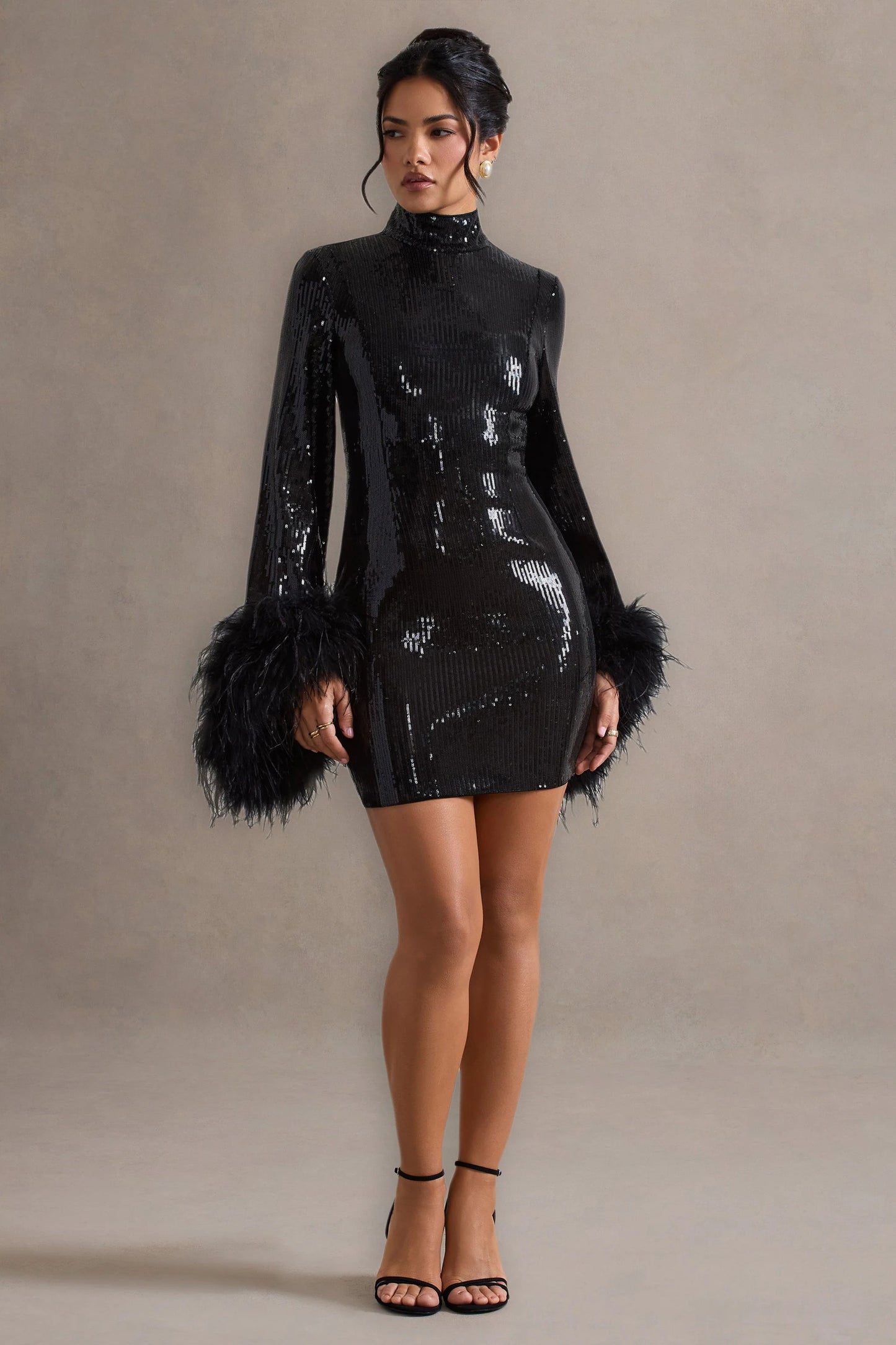 Cupid Black Sequin High-Neck Mini Dress With Feather Cuffs
