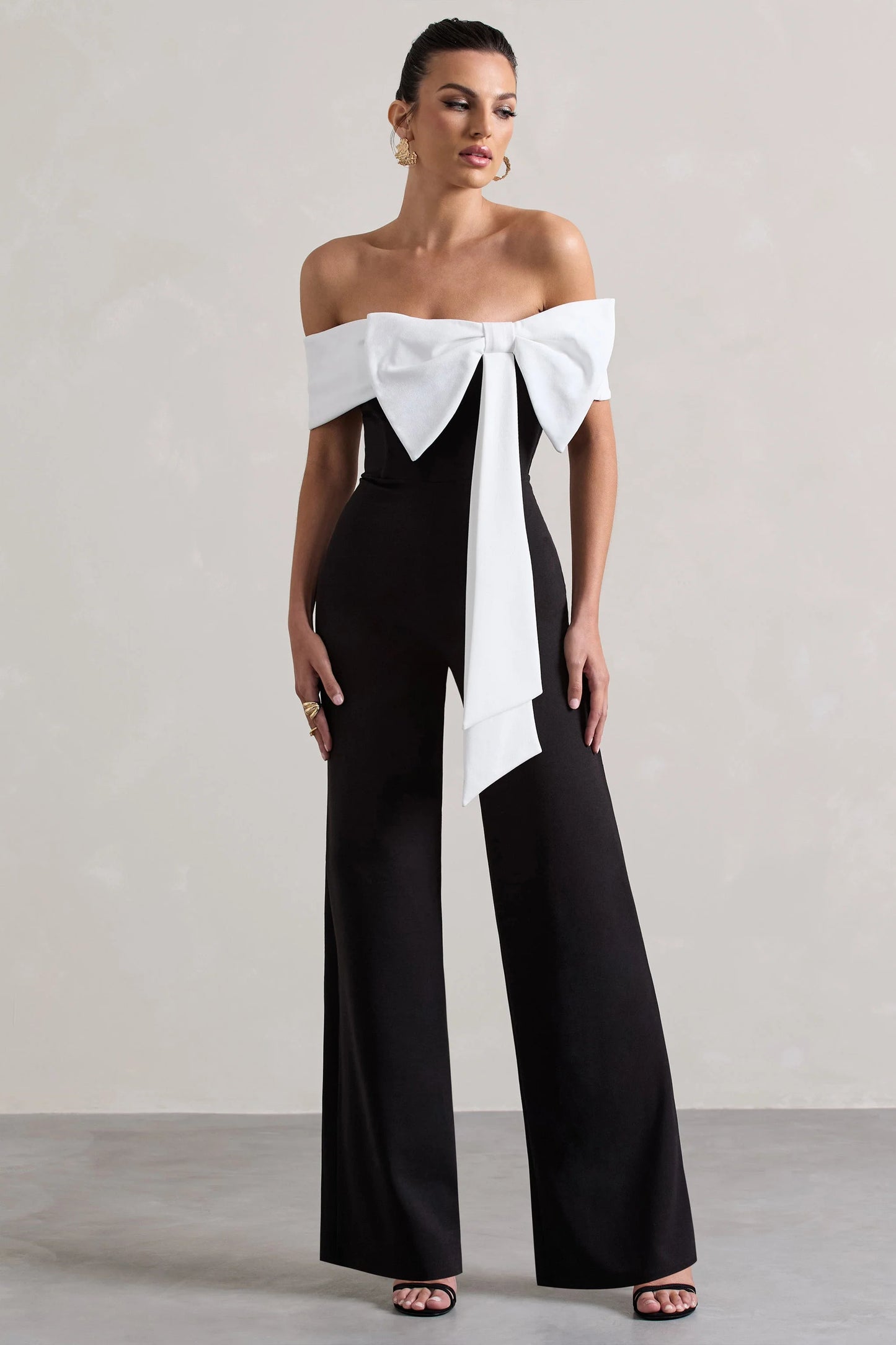 Bower Black Bardot Straight-Leg Jumpsuit With Bow