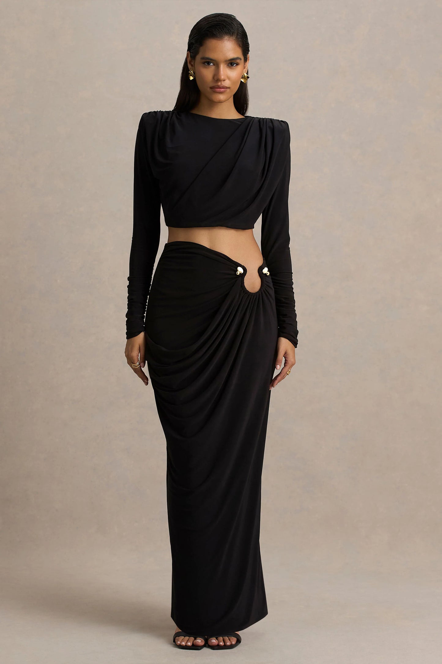 Avaline Black Wrap Maxi Skirt With Ruched Detailing