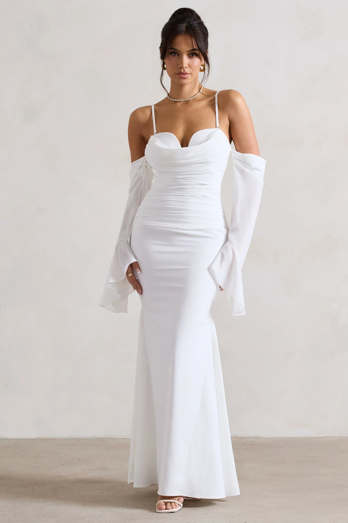 Rhiannon Cream Draped Flared-Sleeve Fishtail Maxi Dress