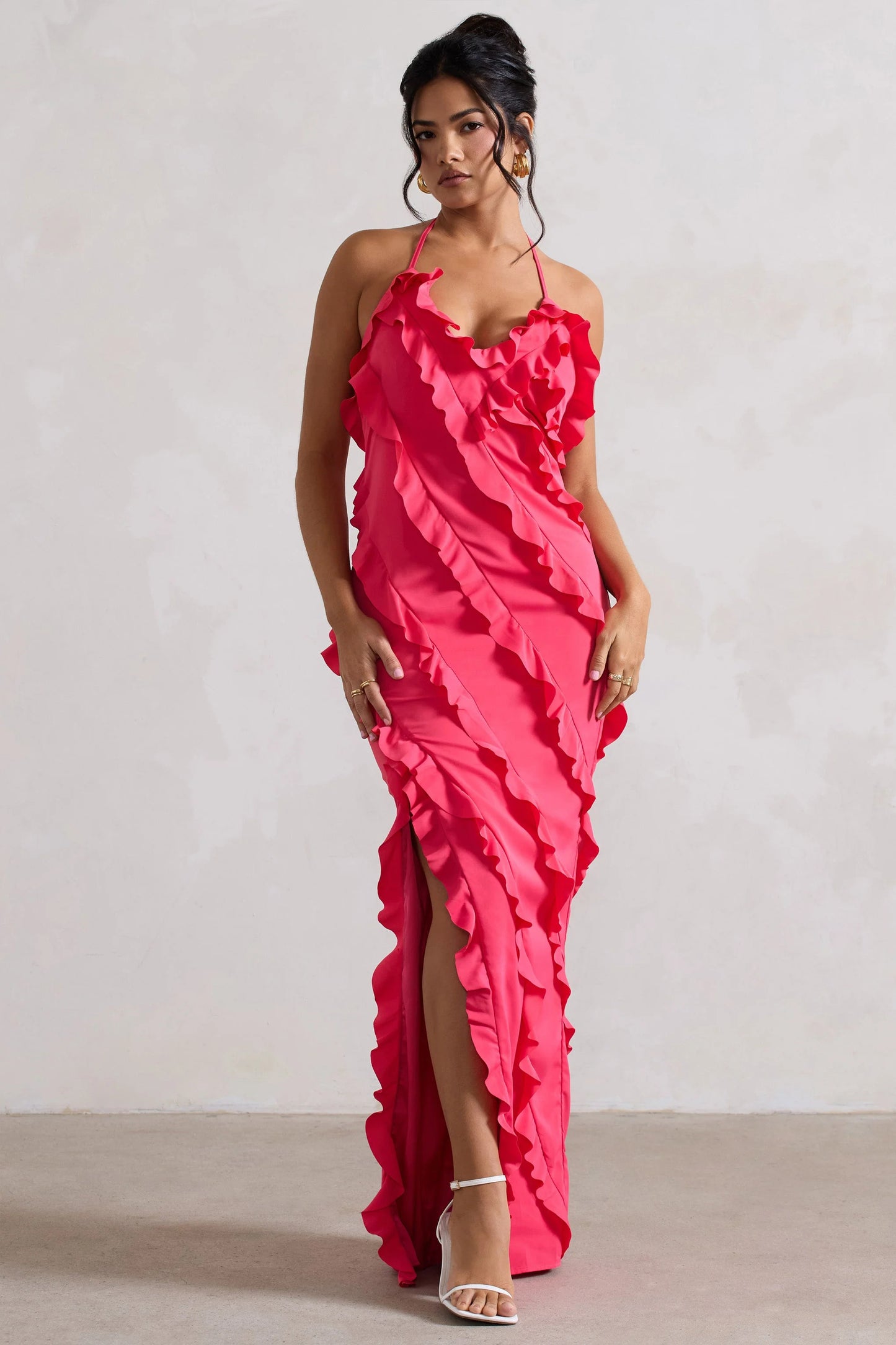Full On Hot Pink V-Neck Ruffle Maxi Dress