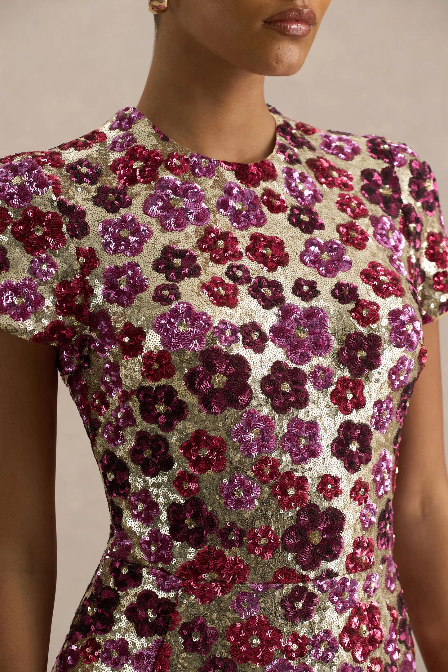 Eira Pink Floral Embellished Sequin Crew-Neck Mini Dress