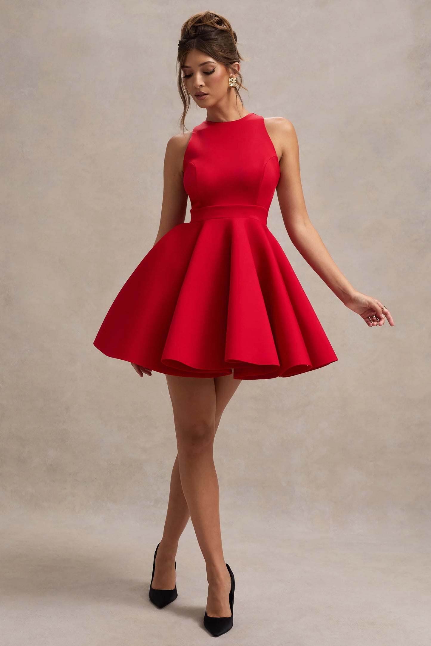 Waverly Red Racer-Neck Sleeveless Skater Mini Dress