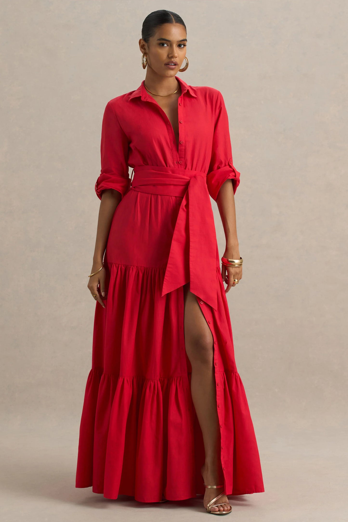 Sydney Red Belted Maxi Shirt Dress