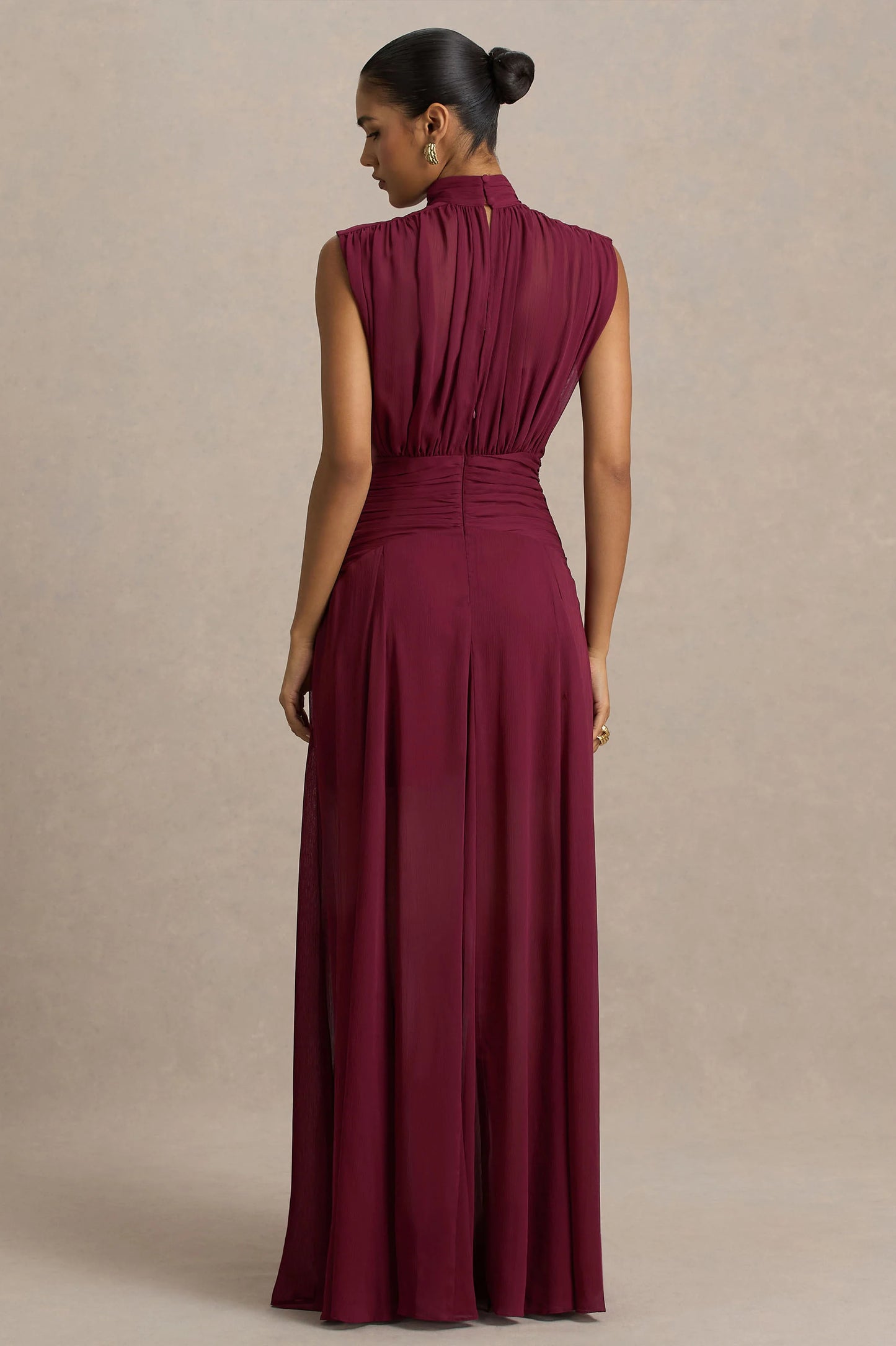 Melanina Burgundy High-Neck Maxi Dress With Ruched Detailing