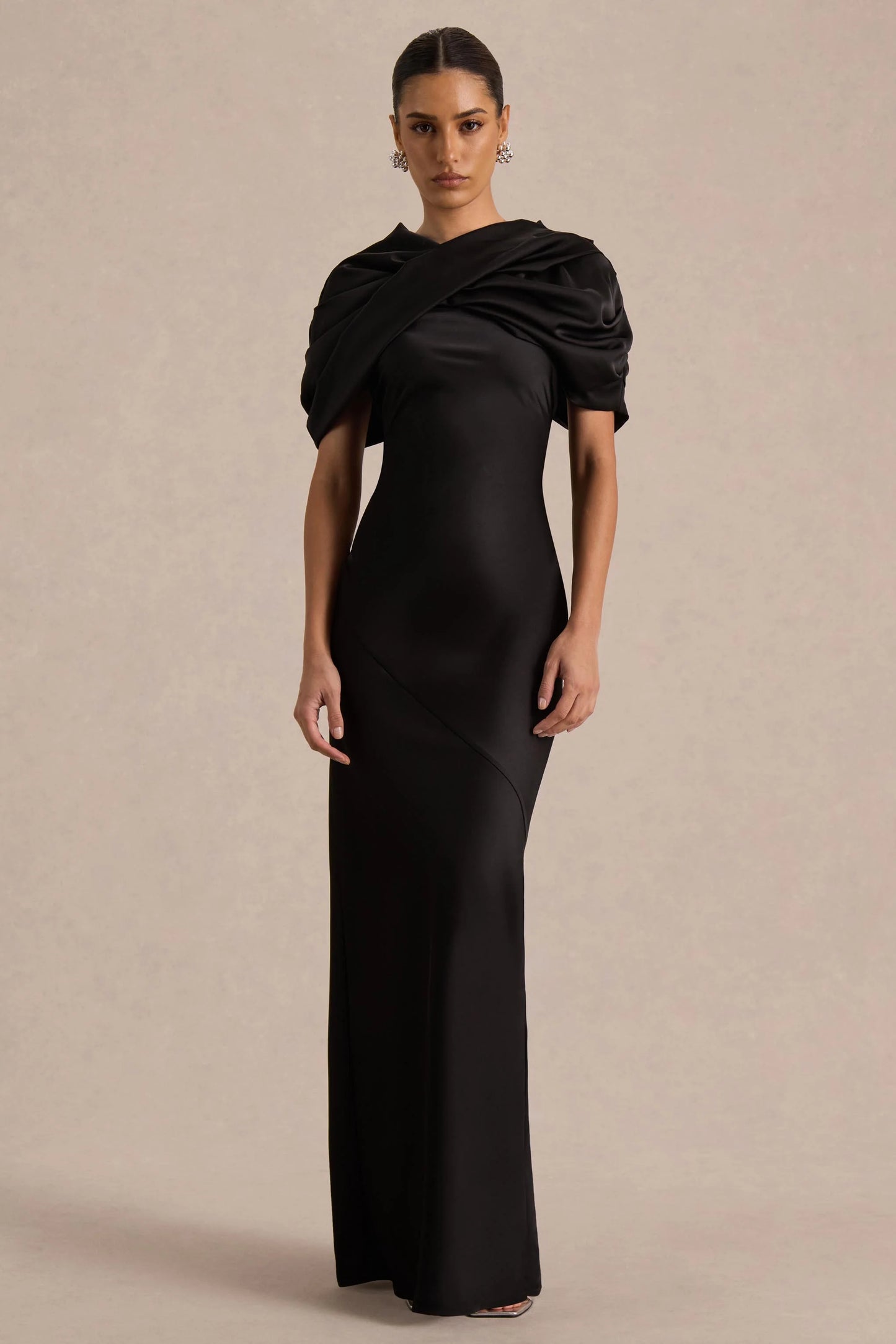 Yoli Black Satin Maxi Dress With Removable Twist-Cape