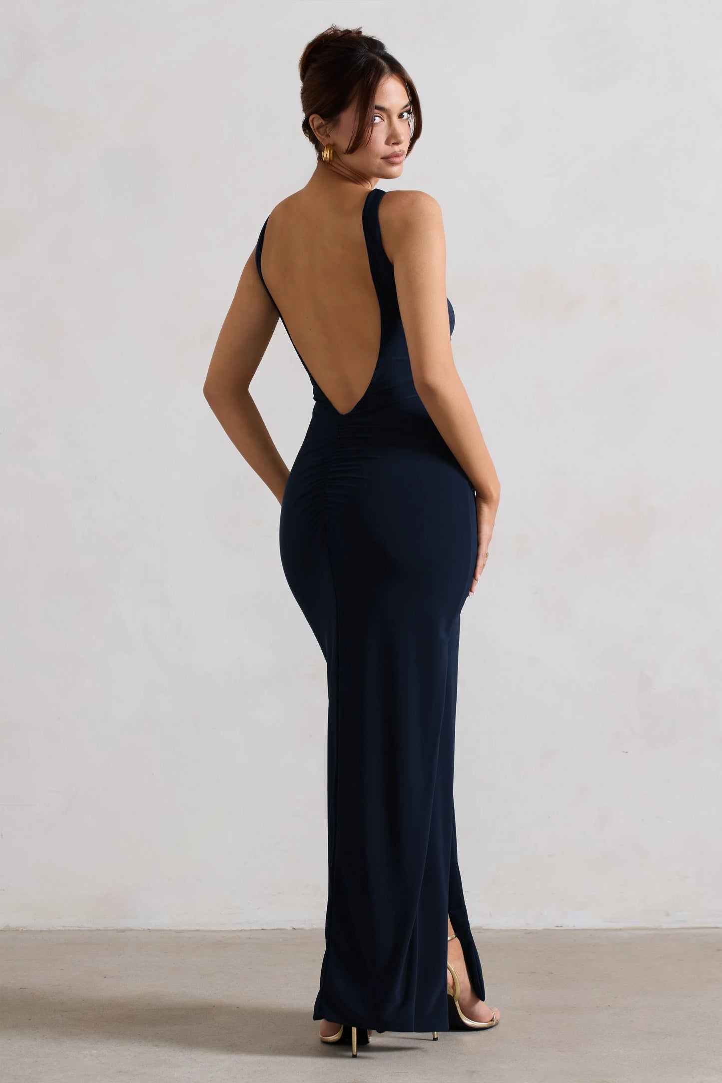 Kate Navy Square Neck Maxi Dress with Plunge Back and Side Thigh Split