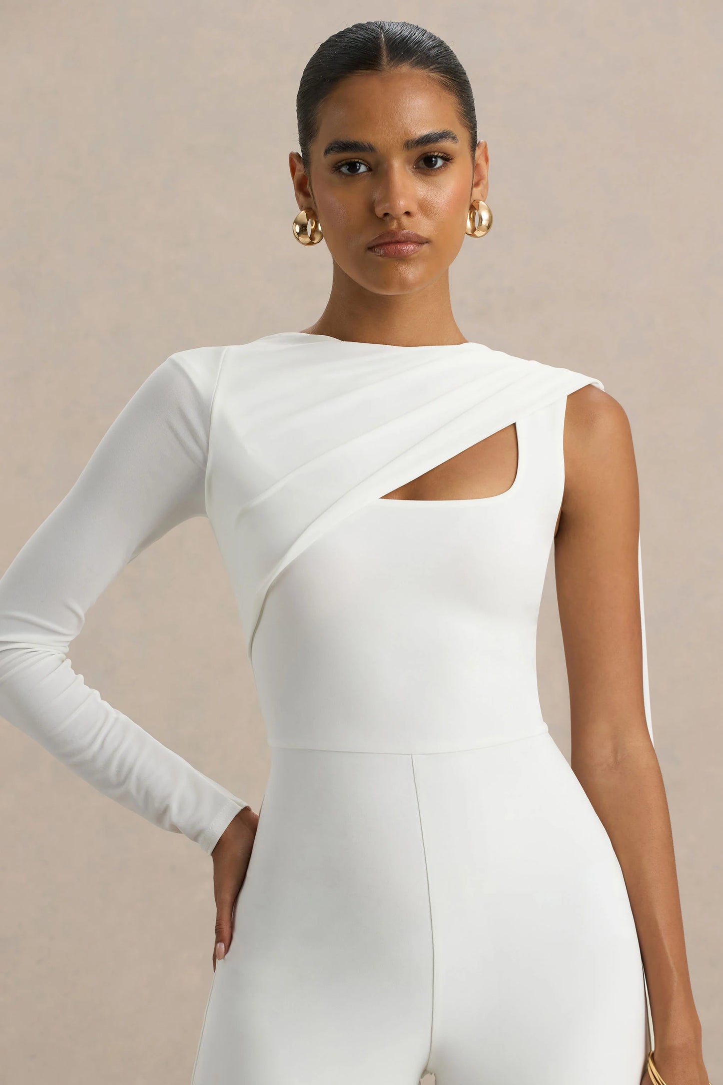 Graces White High-Neck Jumpsuit With Cape Sleeve