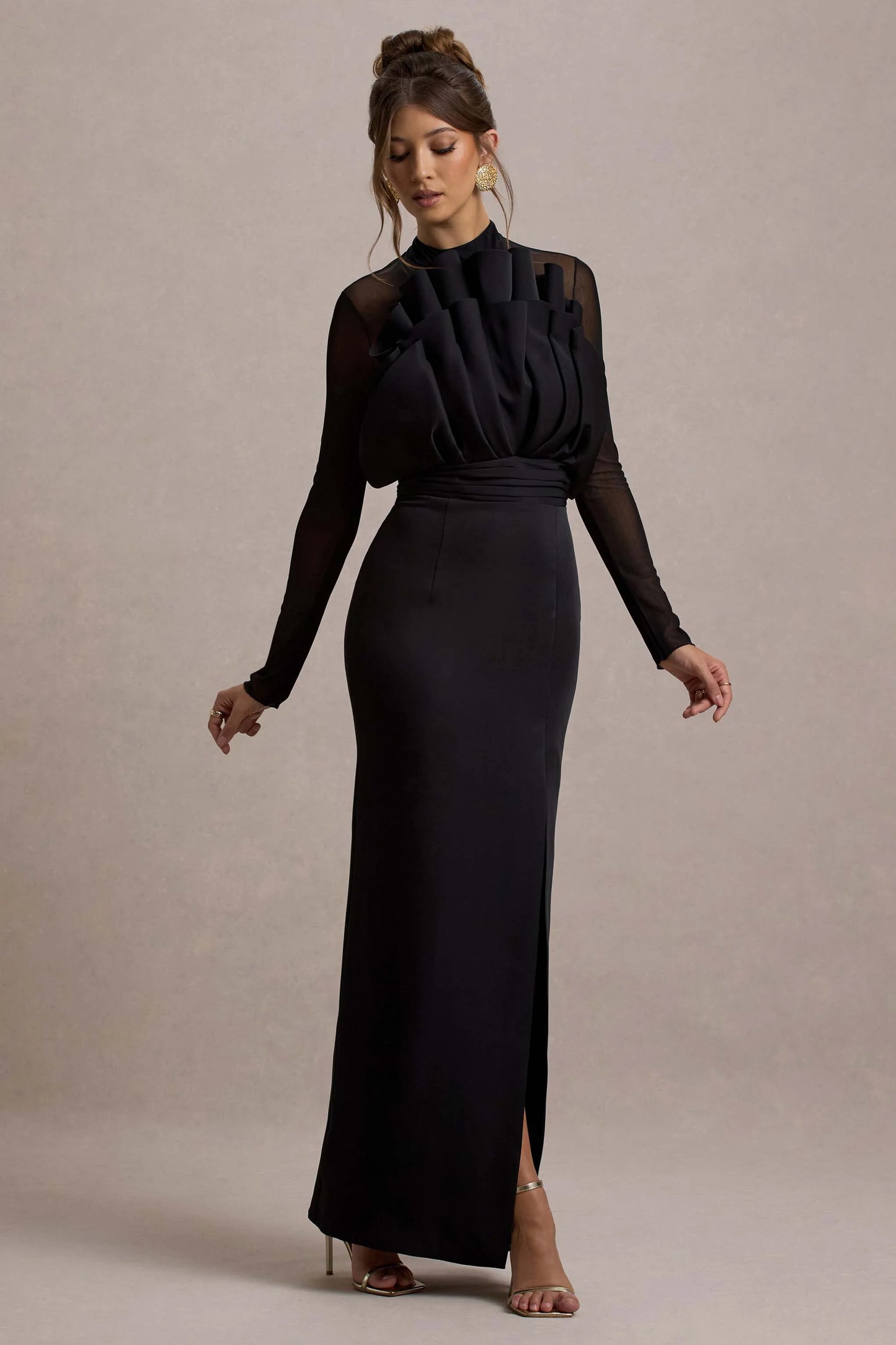Alder Black Mesh Long-Sleeve Ruffled Split Maxi Dress