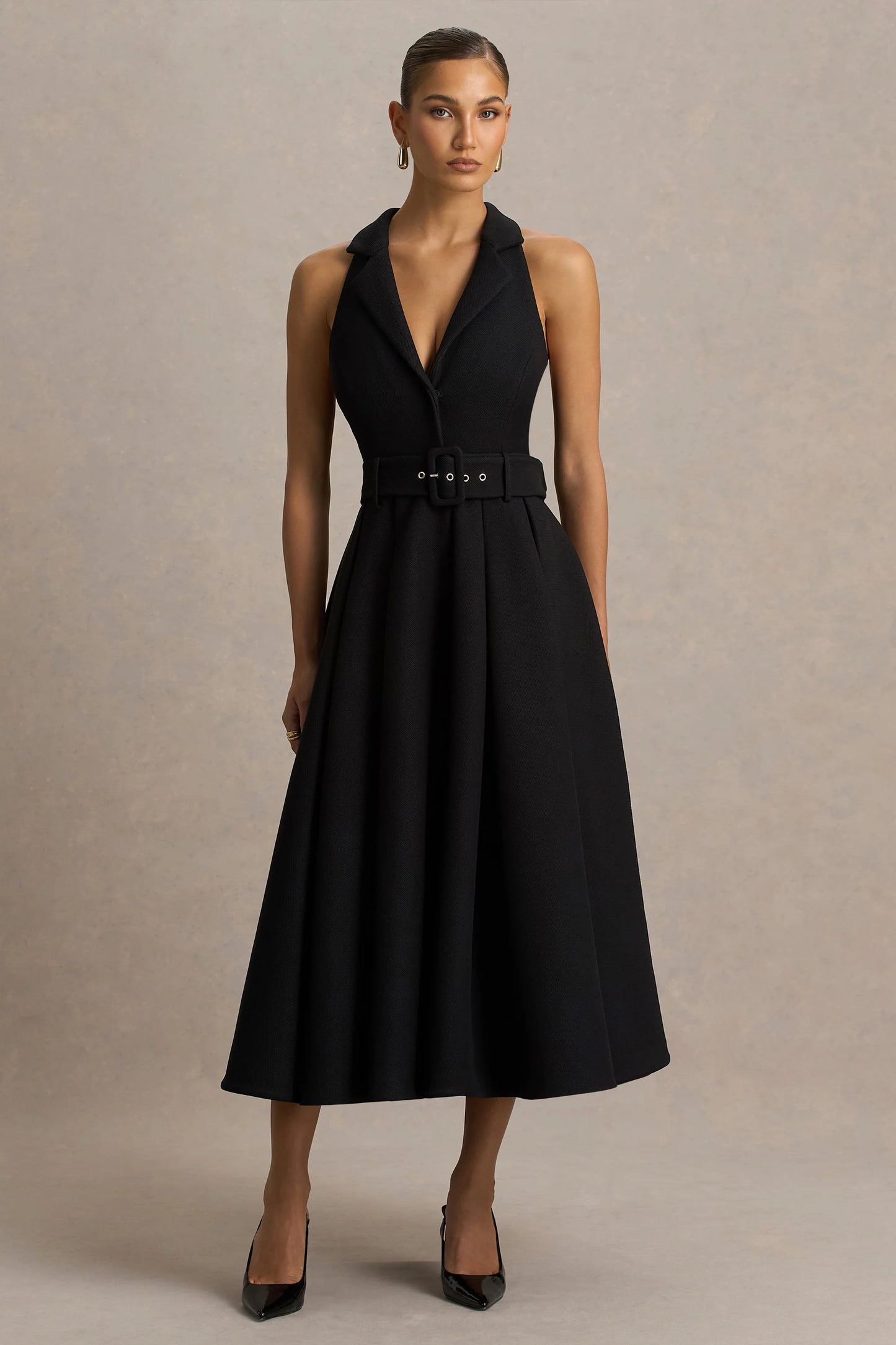 Alessa Black Plunge-Neck Tailored Midi Dress