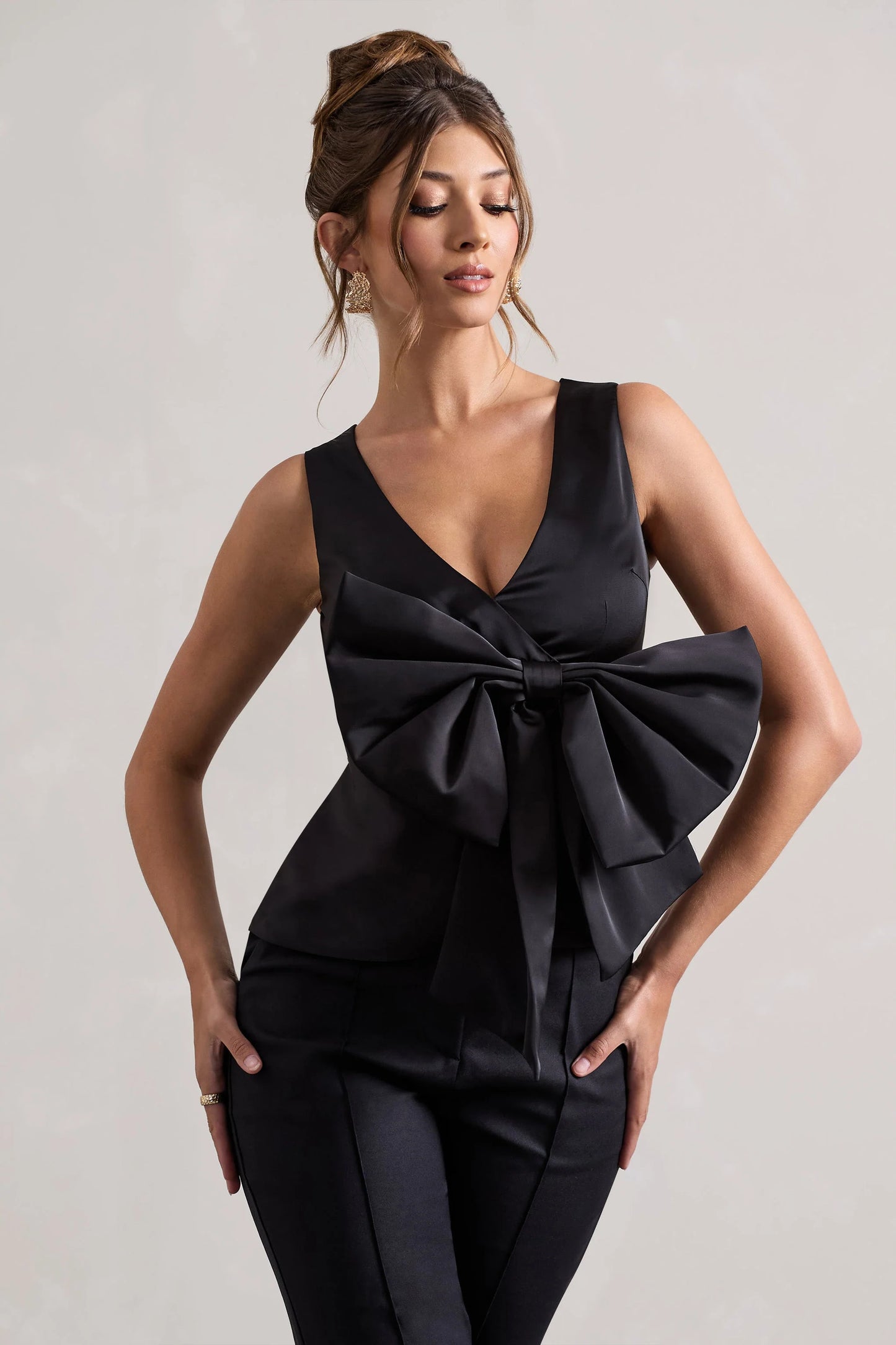 Adoration Black Satin Plunge-Neck Top With Bow