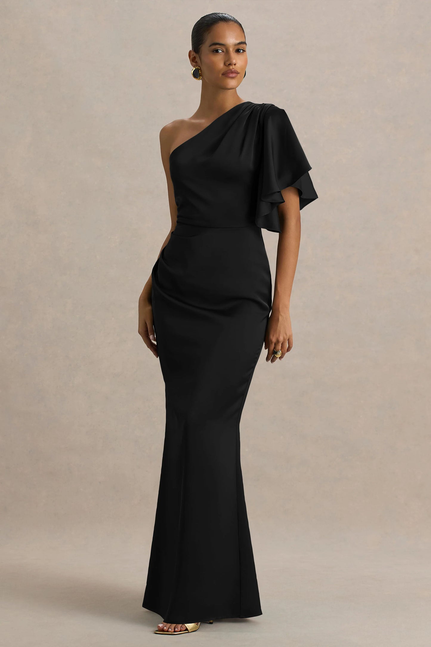 Unforgettable Black Asymmetric-Neck Maxi Dress With Ruffled Detailing
