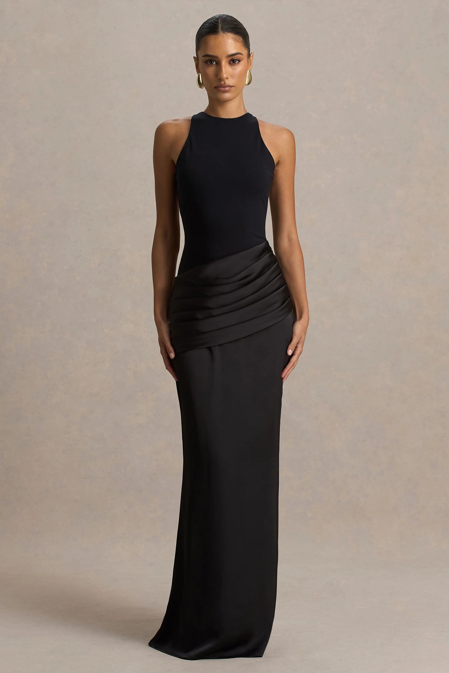 Akari Black Crew-Neck Maxi Dress With Satin Skirt