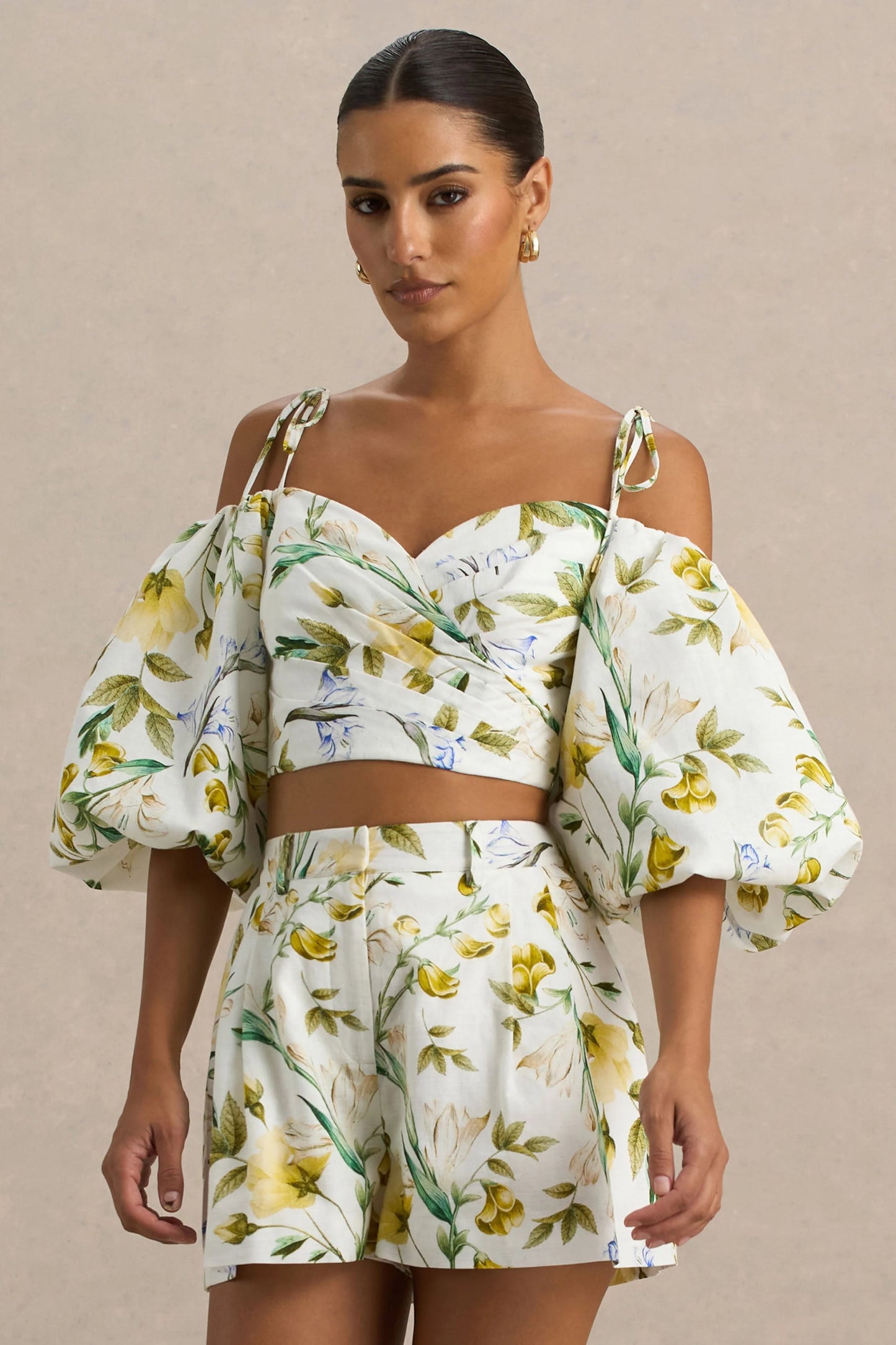 Amberly Lemon Floral Print Plunge-Neck Ruffled Crop Top