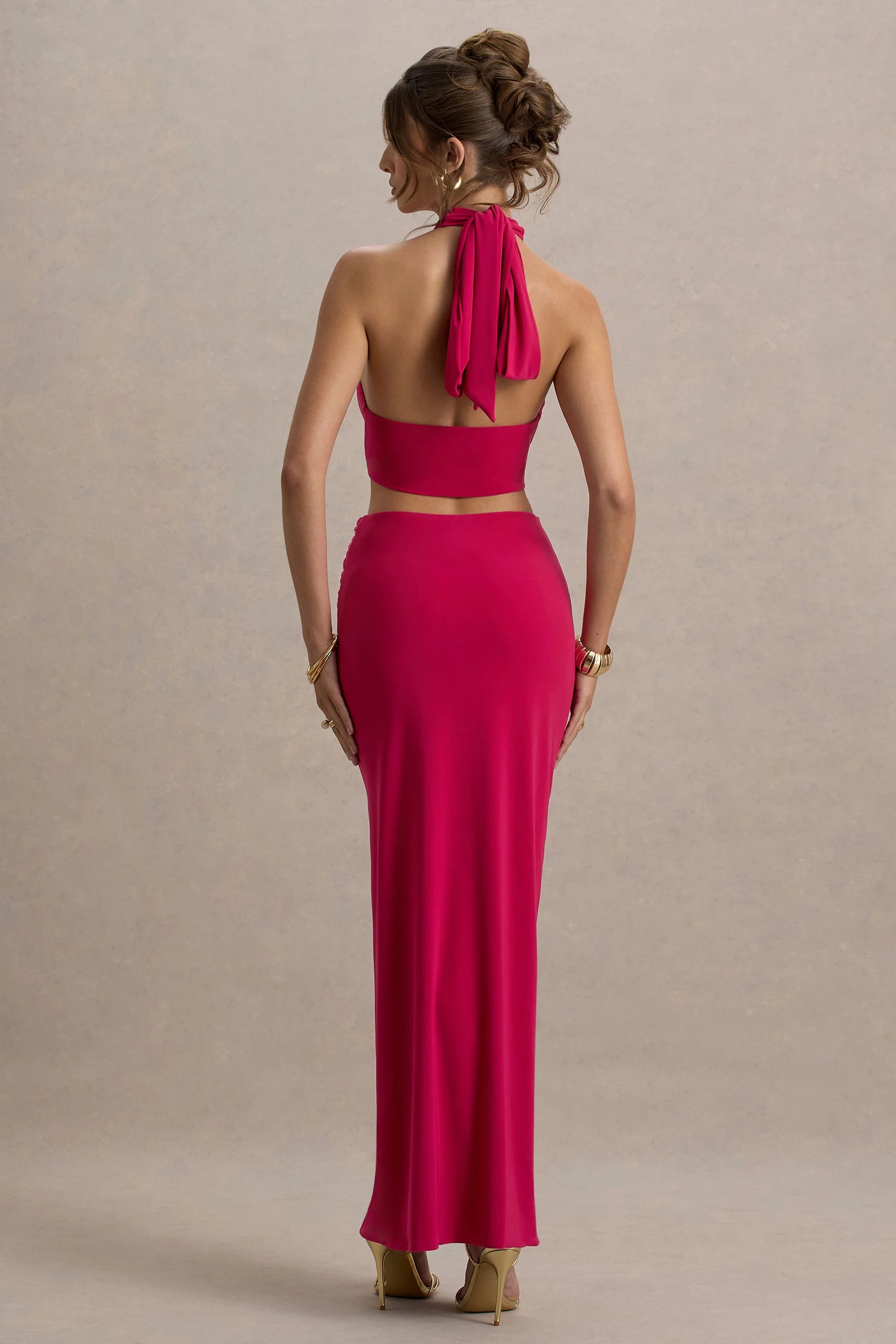 Aura Hot Pink Halter-Neck Cut-Out Split Maxi Dress