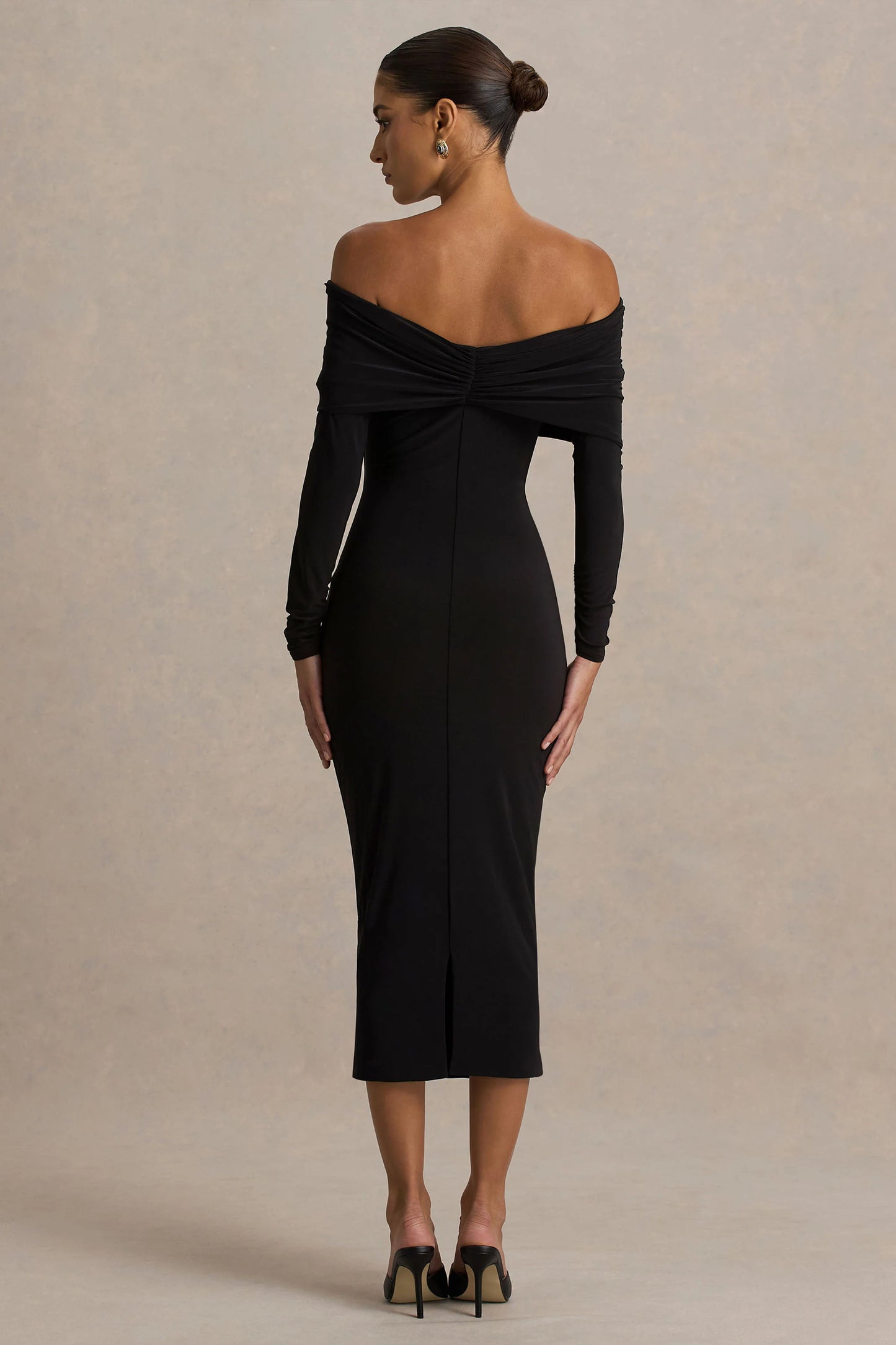 Spark Black Bardot-Neck Midi Dress With Bow Detail