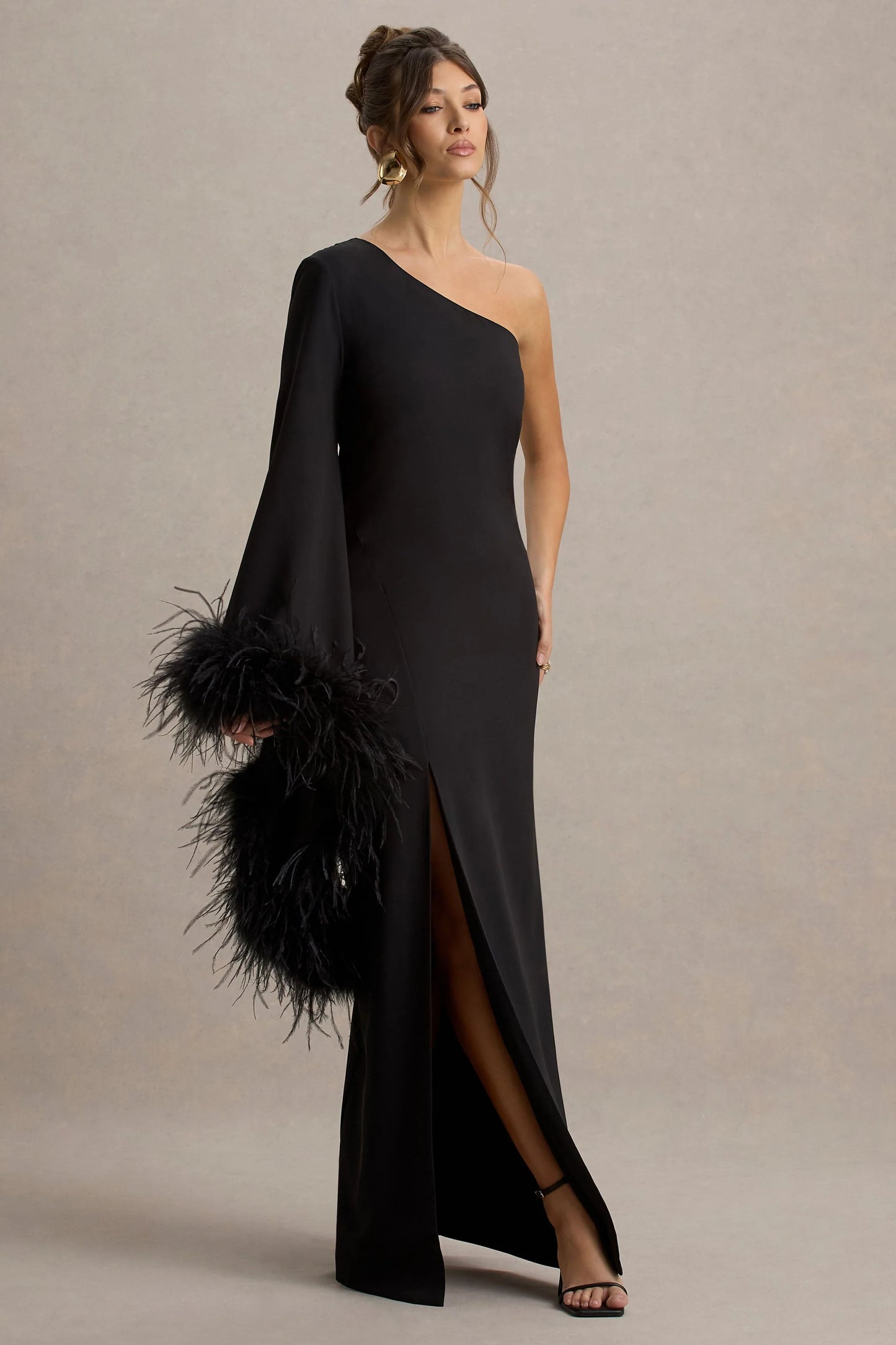 Armina Black One-Shoulder Feather-Trim Maxi Dress