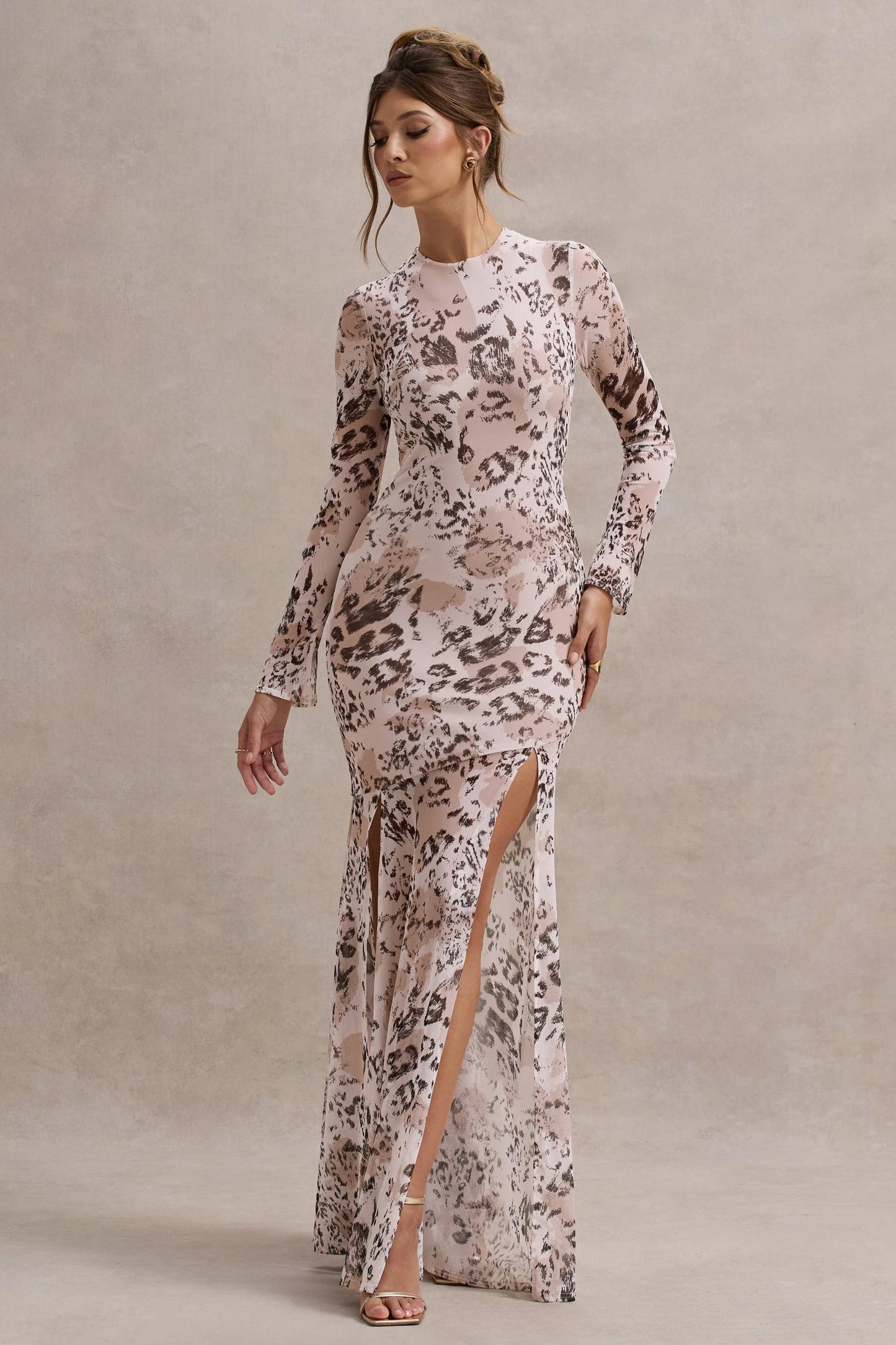 Tigerlily Leopard Print Mesh Long-Sleeve Open-Back Maxi Dress