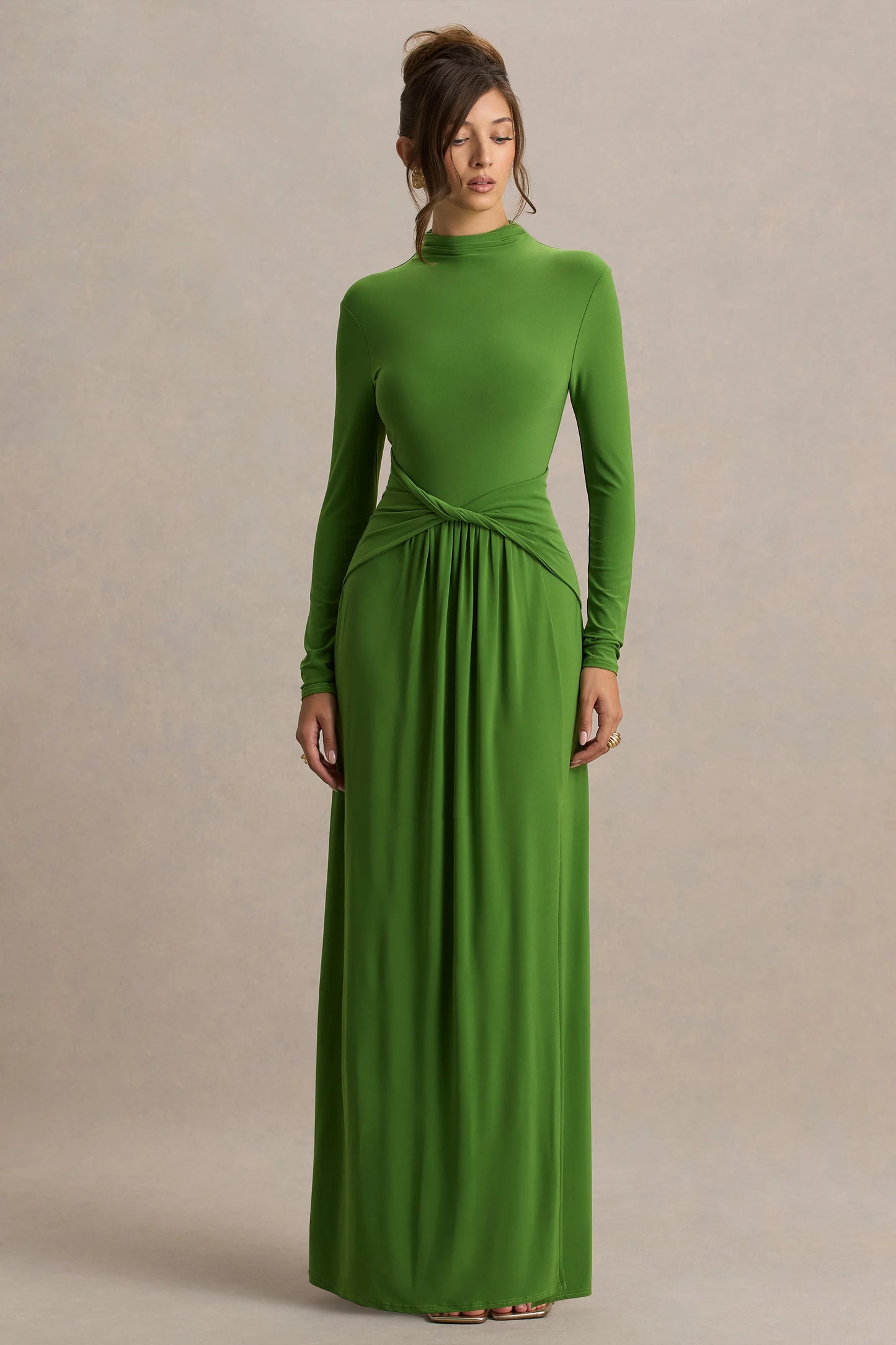 Hourglass Green Long-Sleeve Twisted Maxi Dress With Split
