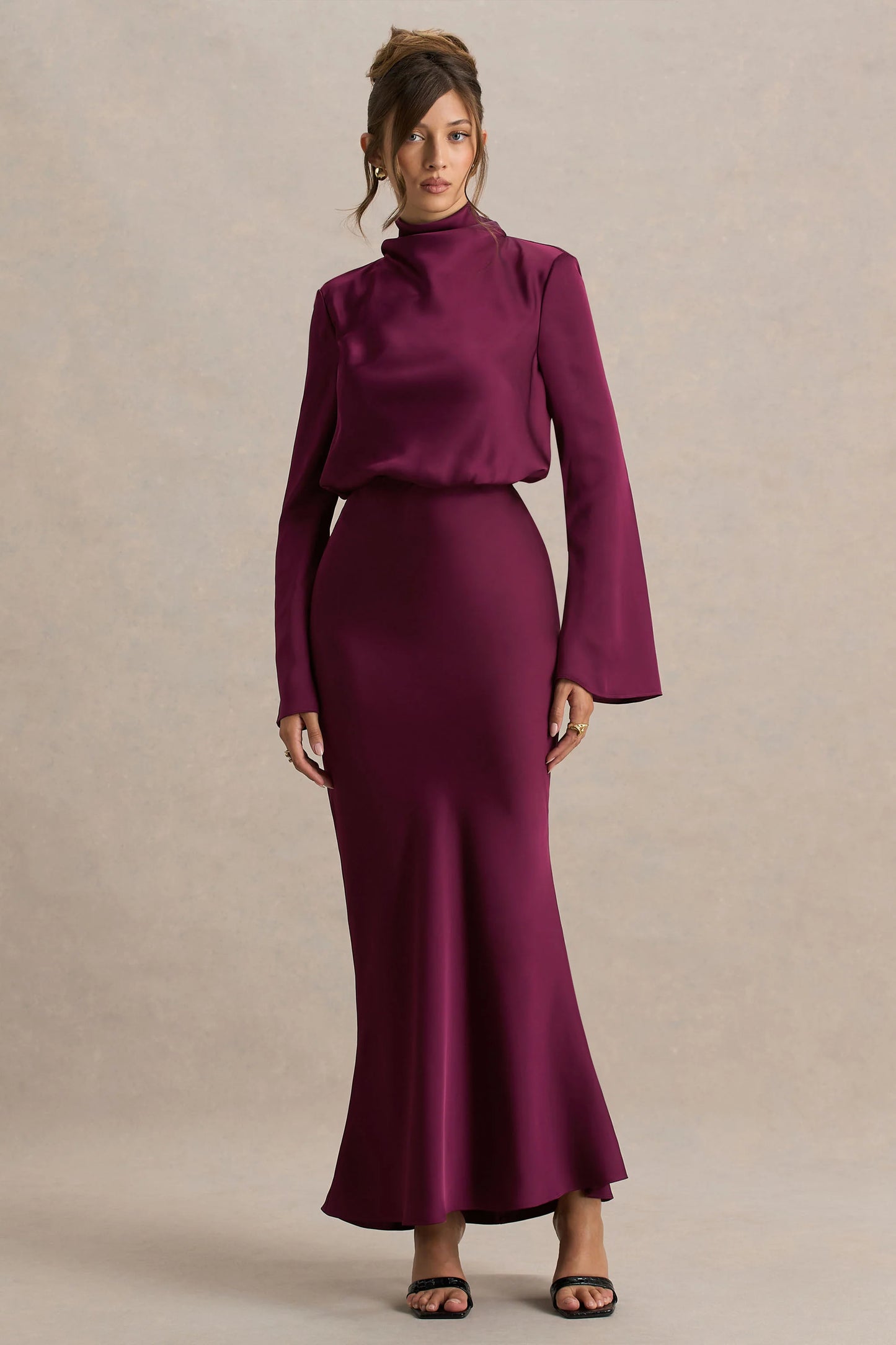 Celina Burgundy Satin High-Neck Maxi Dress