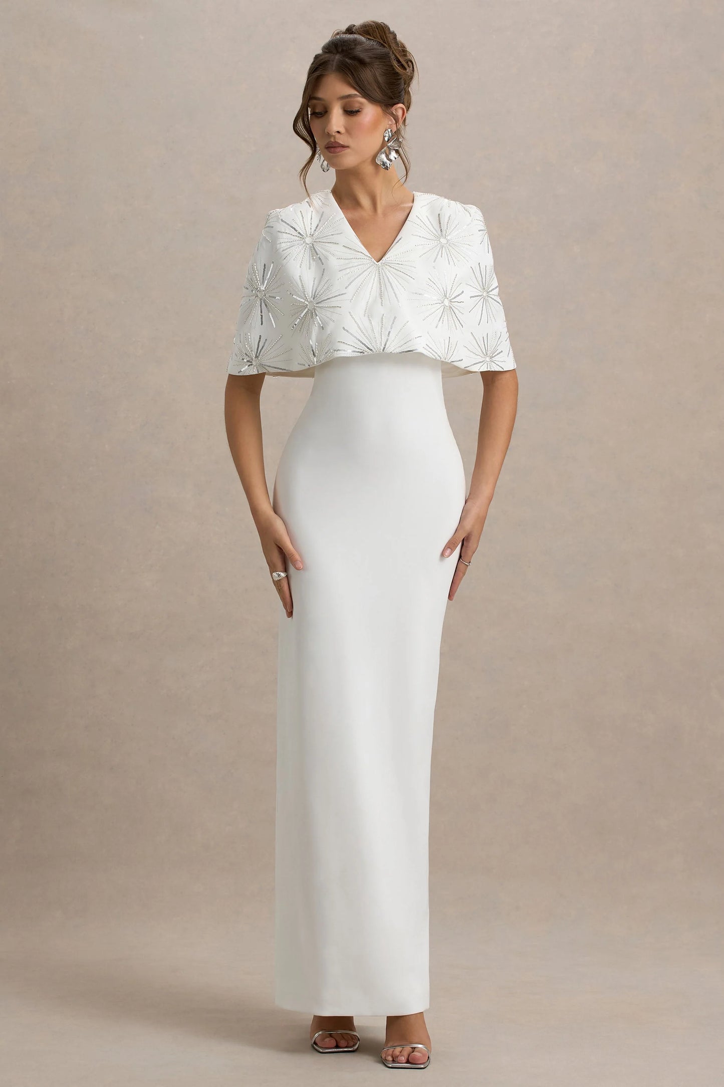 Agnella White Embellished V-Neck Maxi Dress