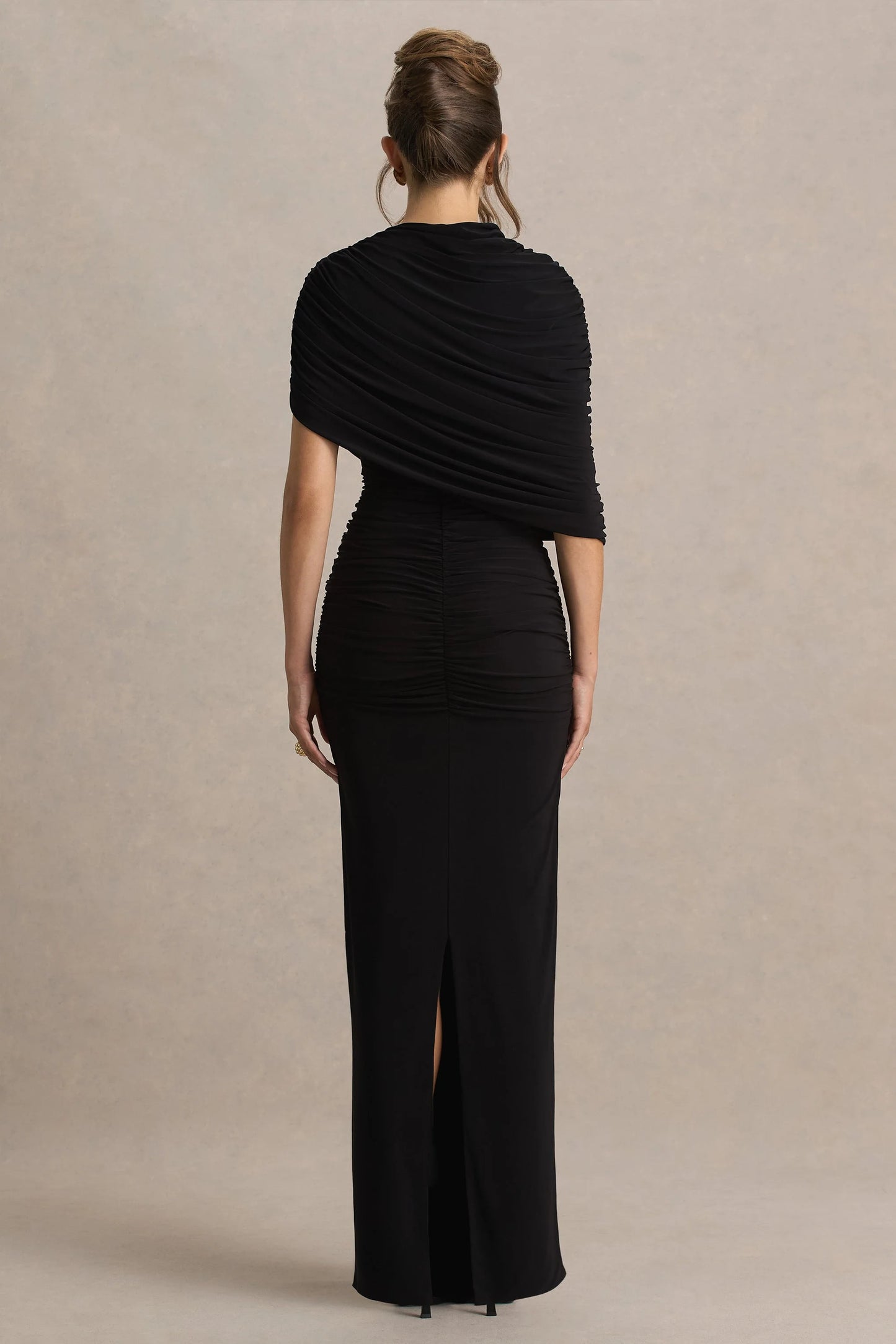 Glitz Black High-Neck Maxi Dress With Cape Sleeve and Ruched Detail